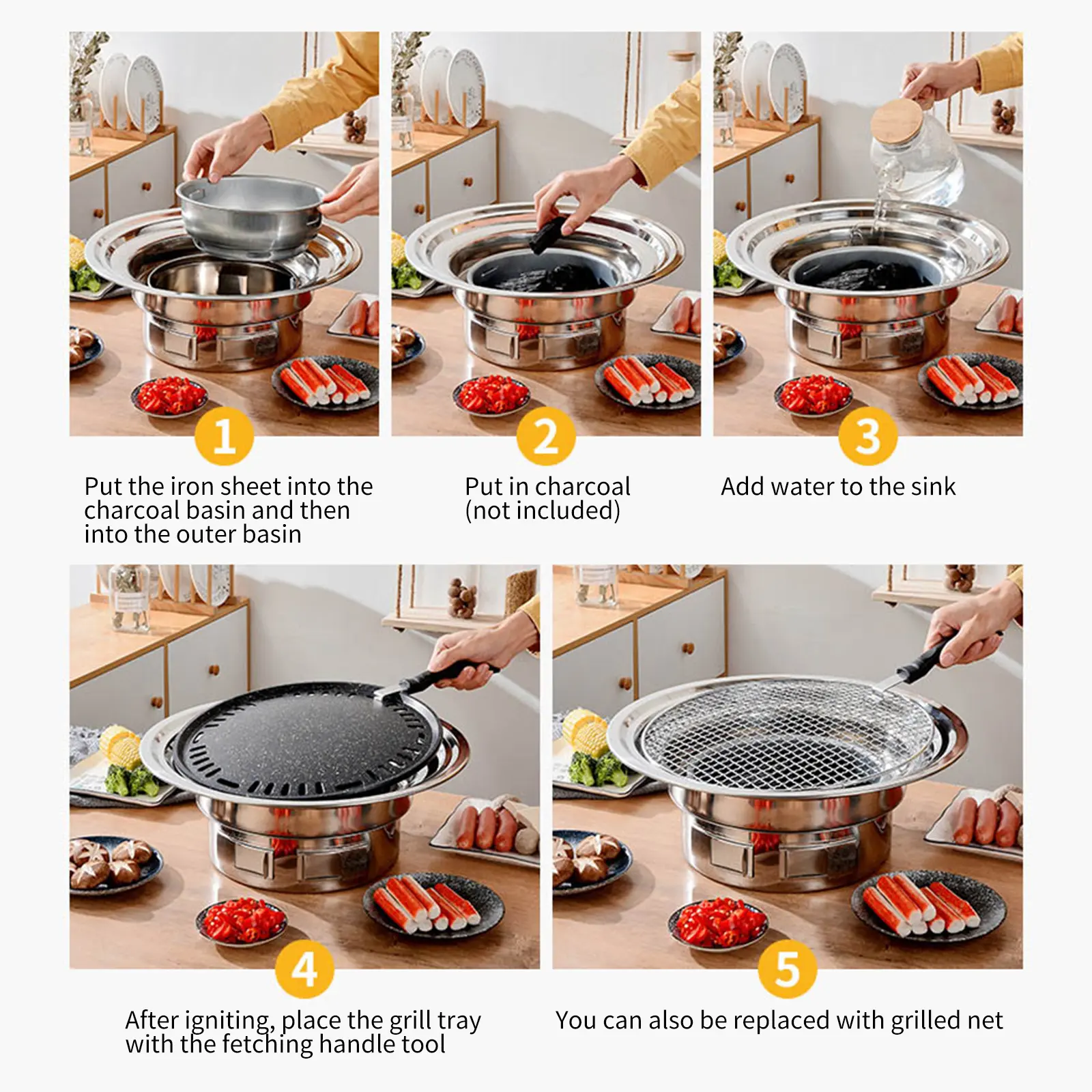 13 Inch Korean BBQ Grill Multifunctional Charcoal Barbecue Grill Round Camping Grill Stove Tabletop Smoker Grill Grilled Net
