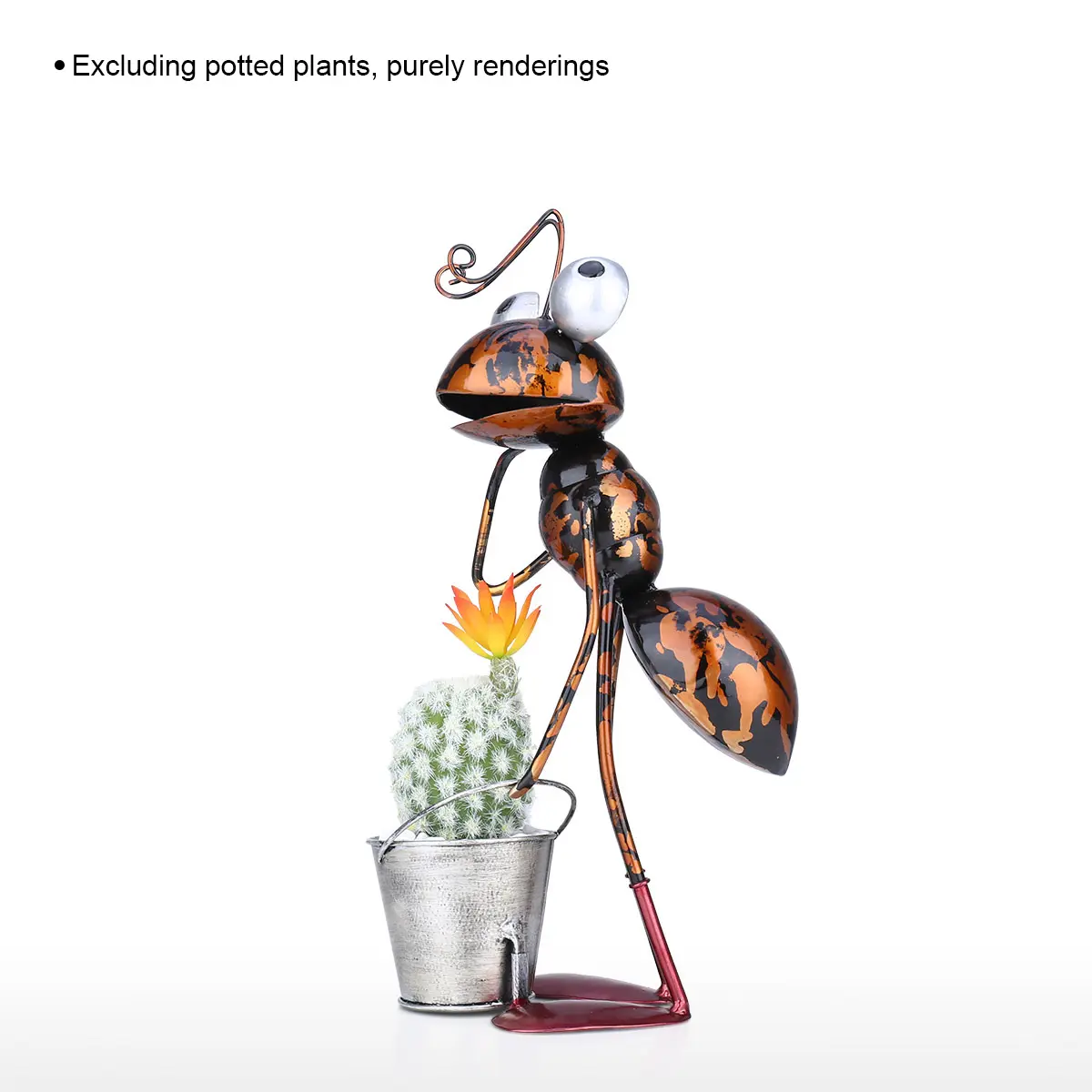 Tooarts 13inch Ant Sculpture Iron Cartoon Ant With Removable Bucket Garden or Desk Decor Succulent Flower Pot Trinket Storage