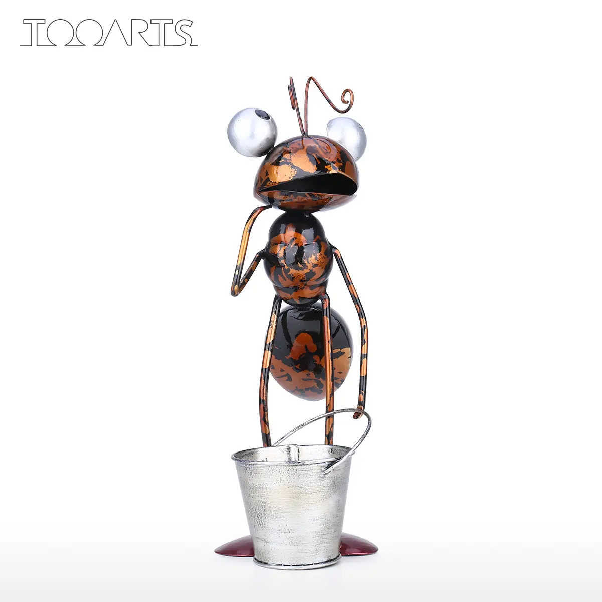 Tooarts 13inch Ant Sculpture Iron Cartoon Ant With Removable Bucket Garden or Desk Decor Succulent Flower Pot Trinket Storage
