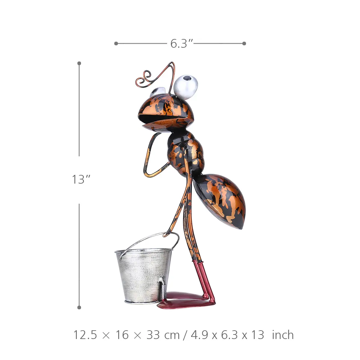 Tooarts 13inch Ant Sculpture Iron Cartoon Ant With Removable Bucket Garden or Desk Decor Succulent Flower Pot Trinket Storage