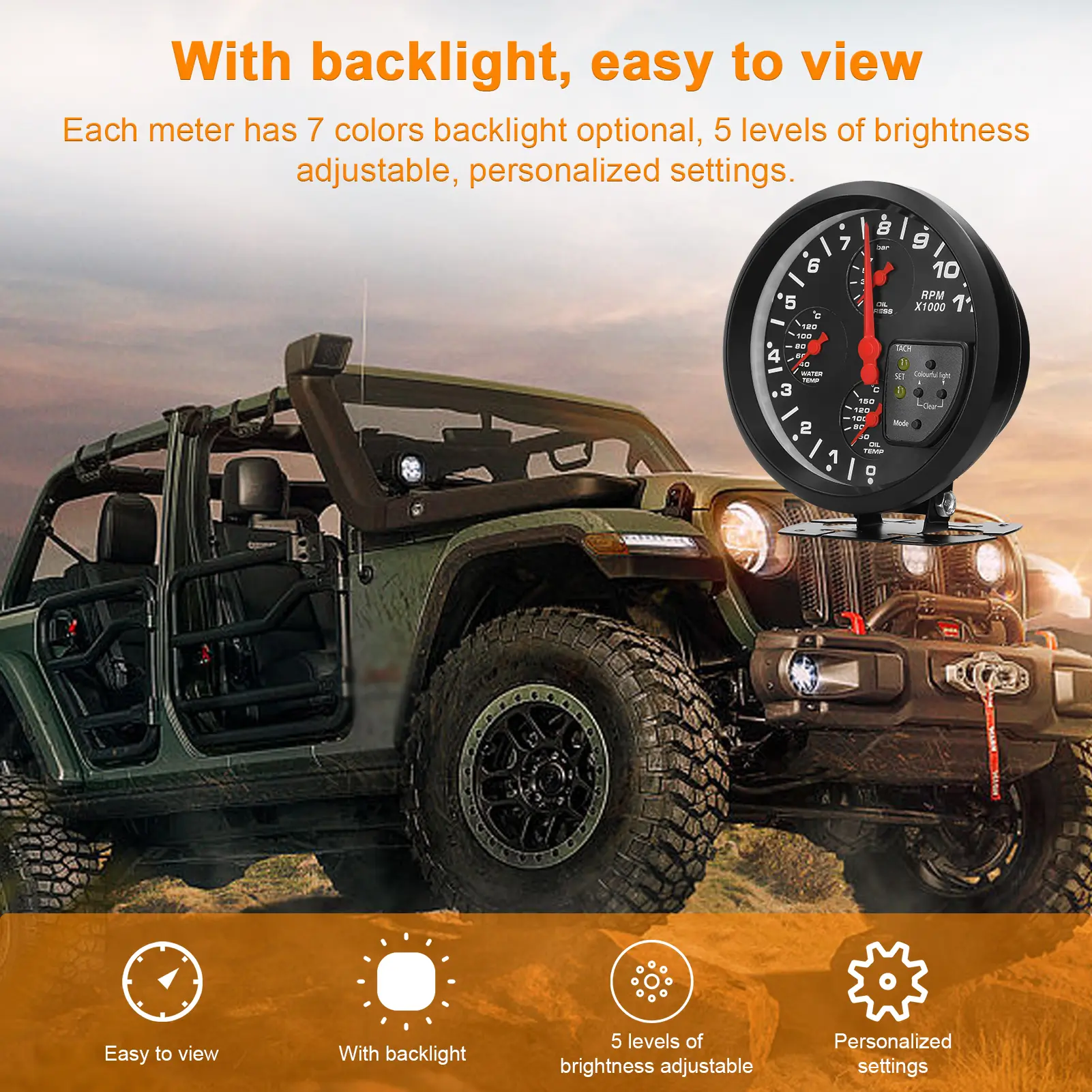 5” 4 in 1 Car Multifunctional Gauge Tachometer Oil Pressure Oil Temperature Water Temperature Gauge Meter Support Alarm Function