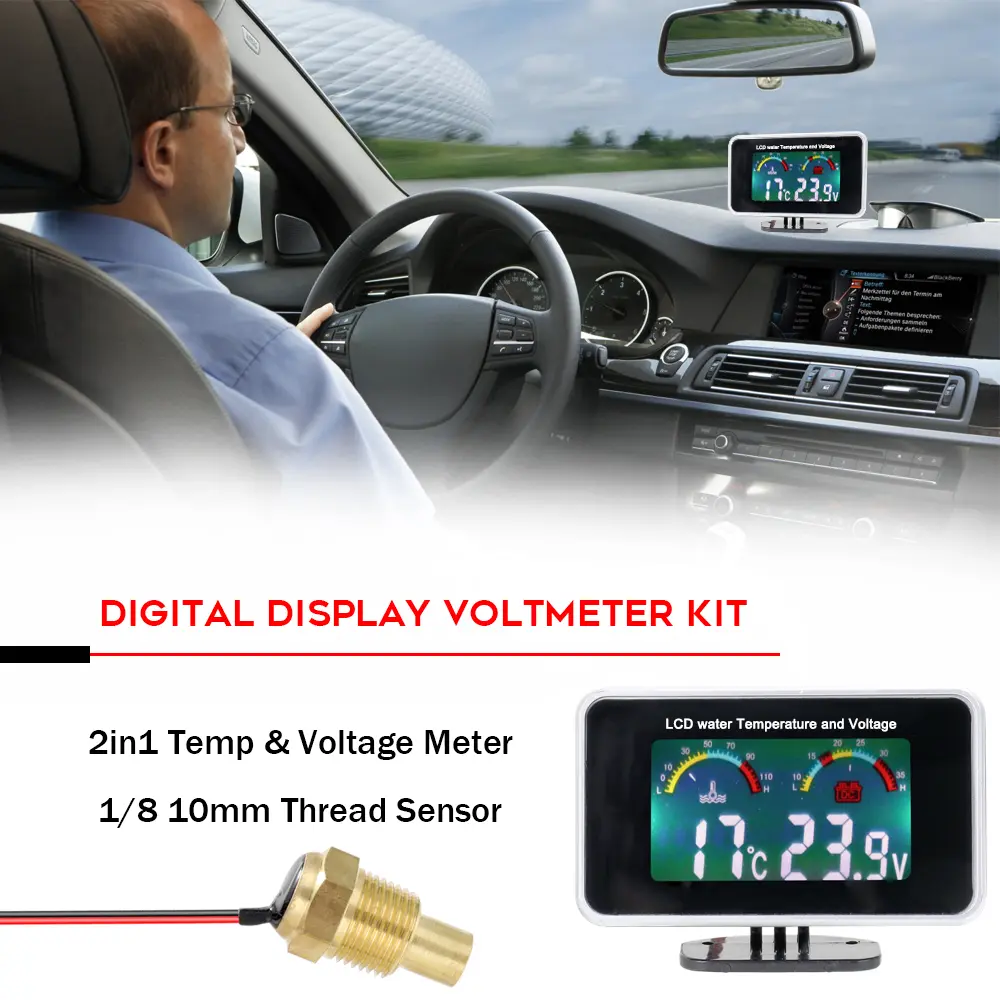 Car LCD Digital Display Water Temperature Meter Thermometer Voltmeter Gauge 2in1 Temp & Voltage Meter 1/8 10mm Thread Sensor