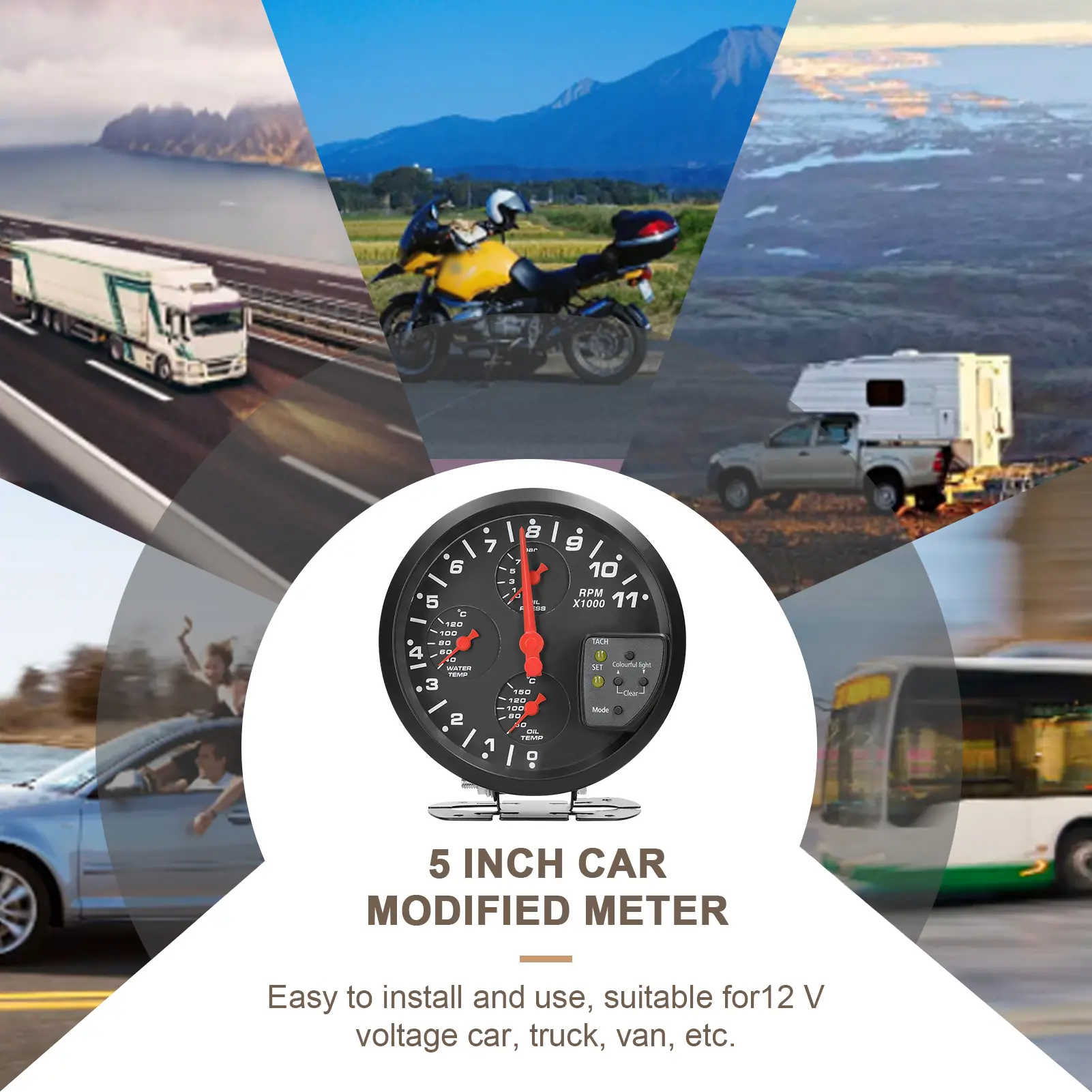5” 4 in 1 Car Multifunctional Gauge Tachometer Oil Pressure Oil Temperature Water Temperature Gauge Meter Support Alarm Function
