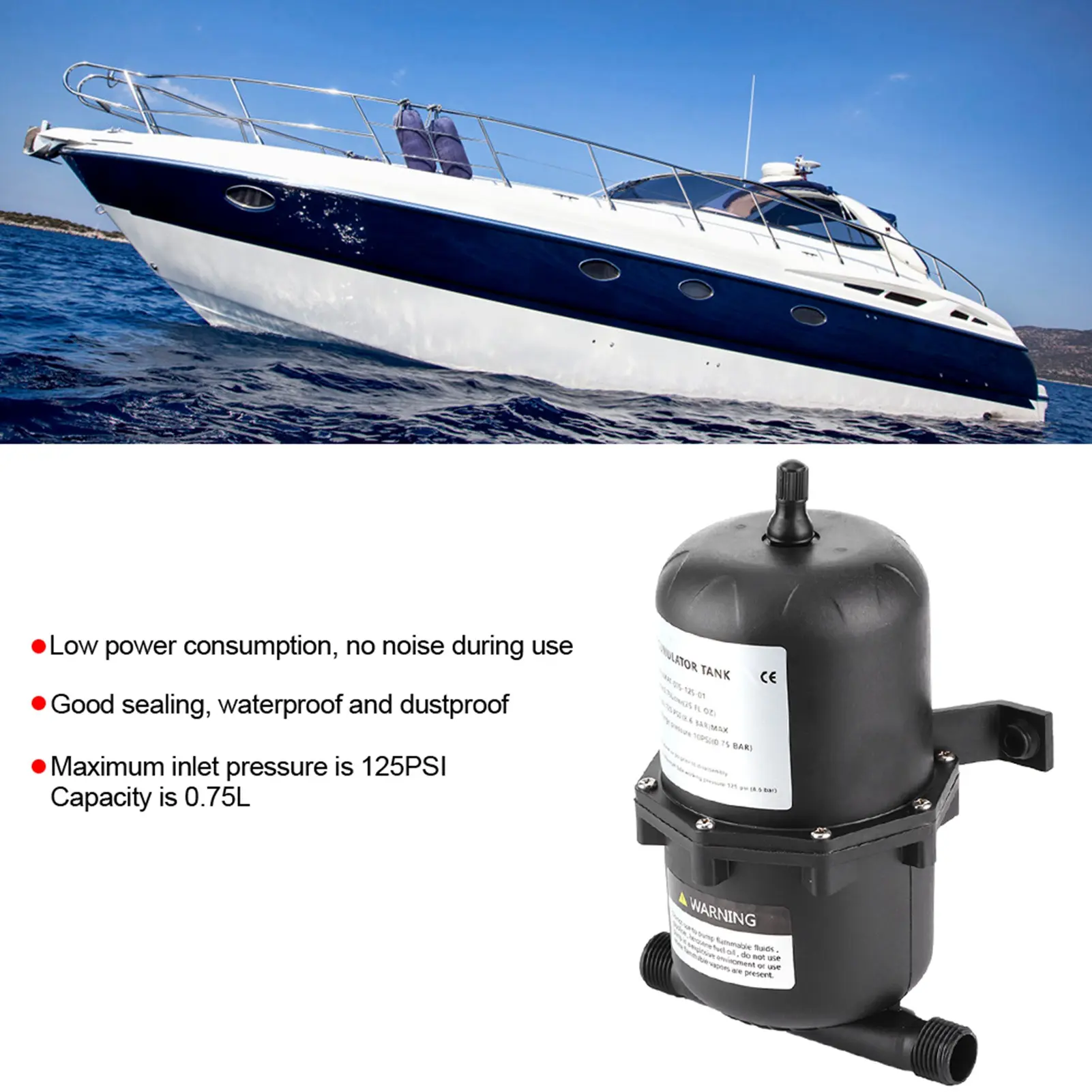 125PSI  Accumulator Pressure    Control 0.75 L 125PSI Waterproof for Marine RV Boat Accumulator