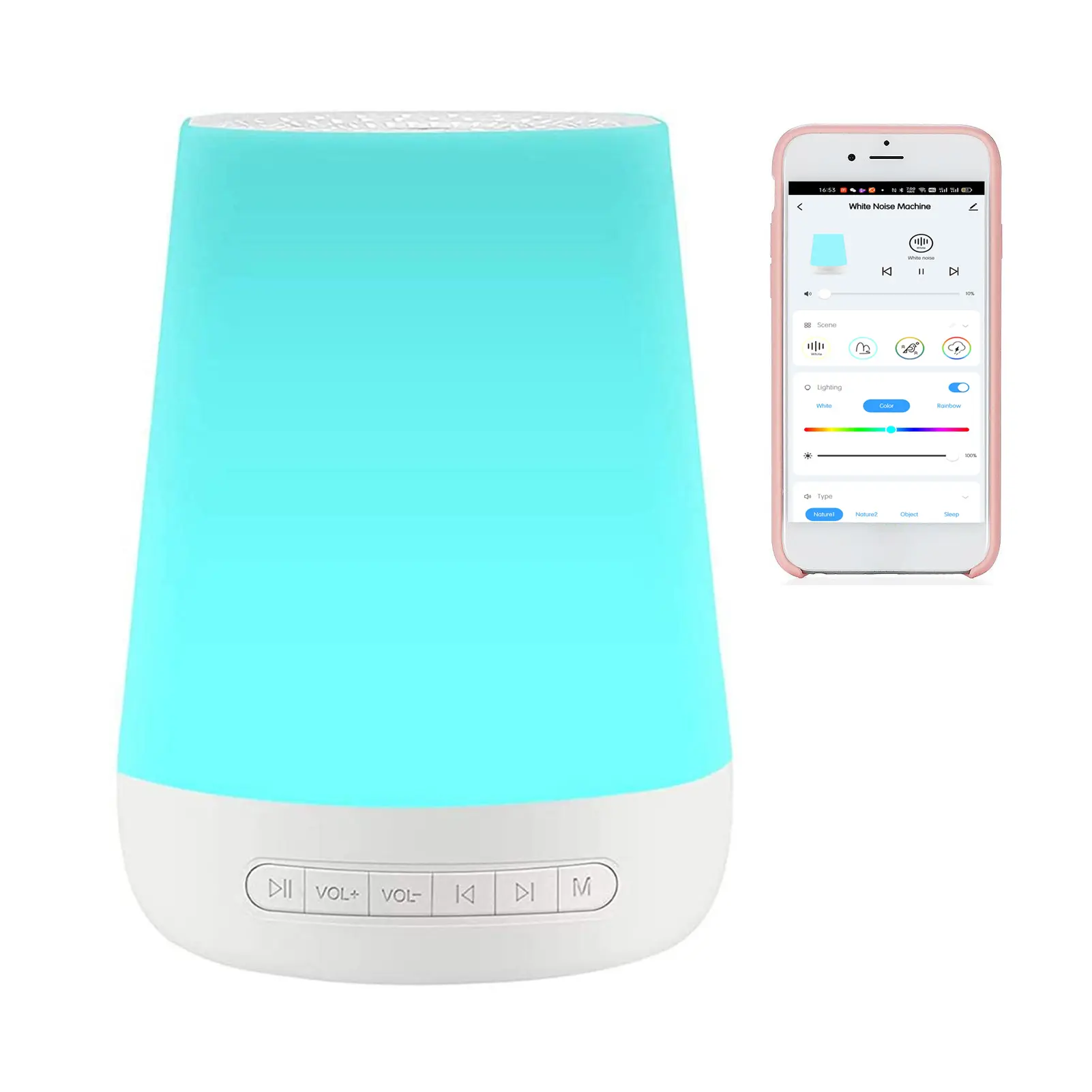 Smart White Noise Machine Baby Sleep Sound Machine Colorful Night Lights 34 Soothing Sounds 30min/60min/90min Timer Supports