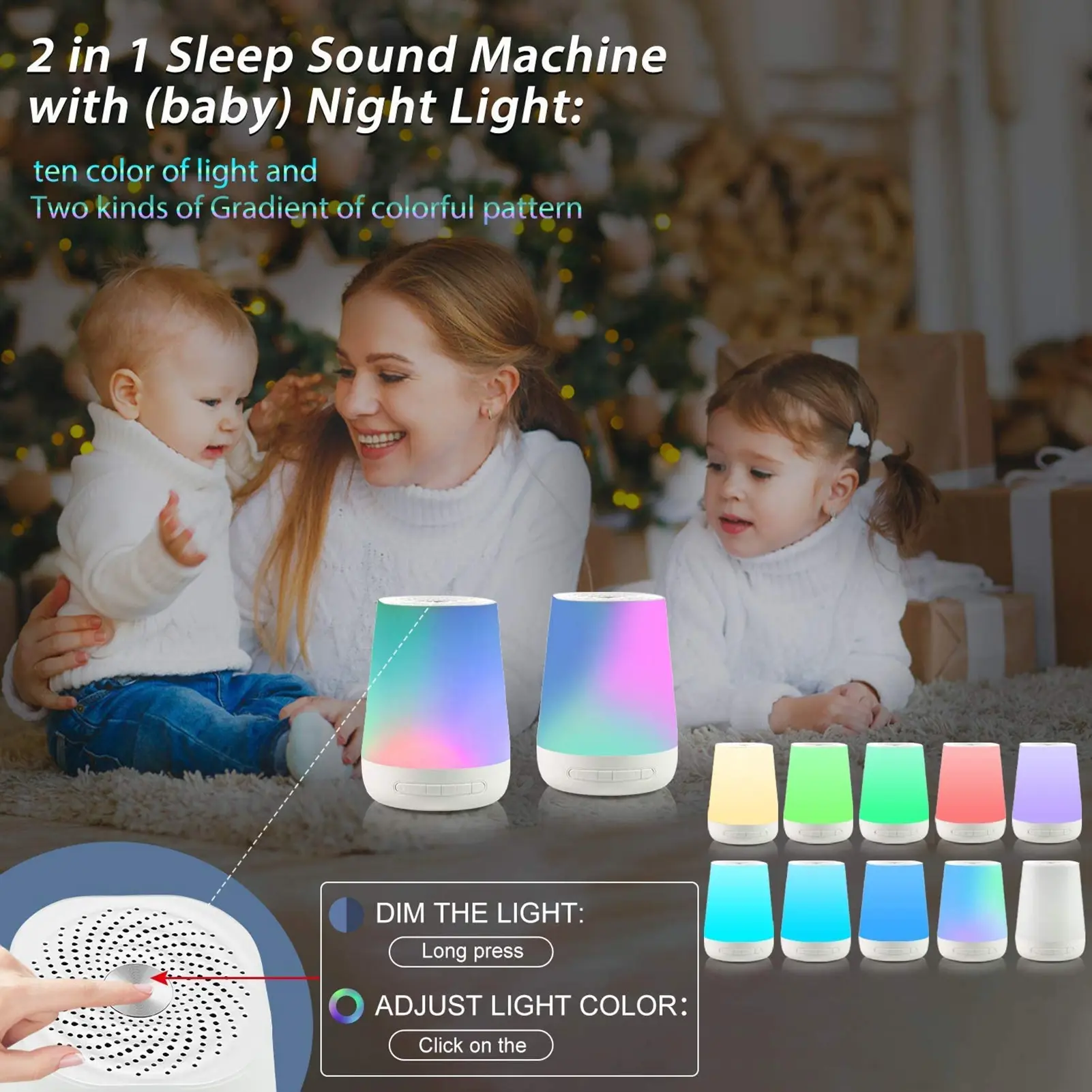 Smart White Noise Machine Baby Sleep Sound Machine Colorful Night Lights 34 Soothing Sounds 30min/60min/90min Timer Supports