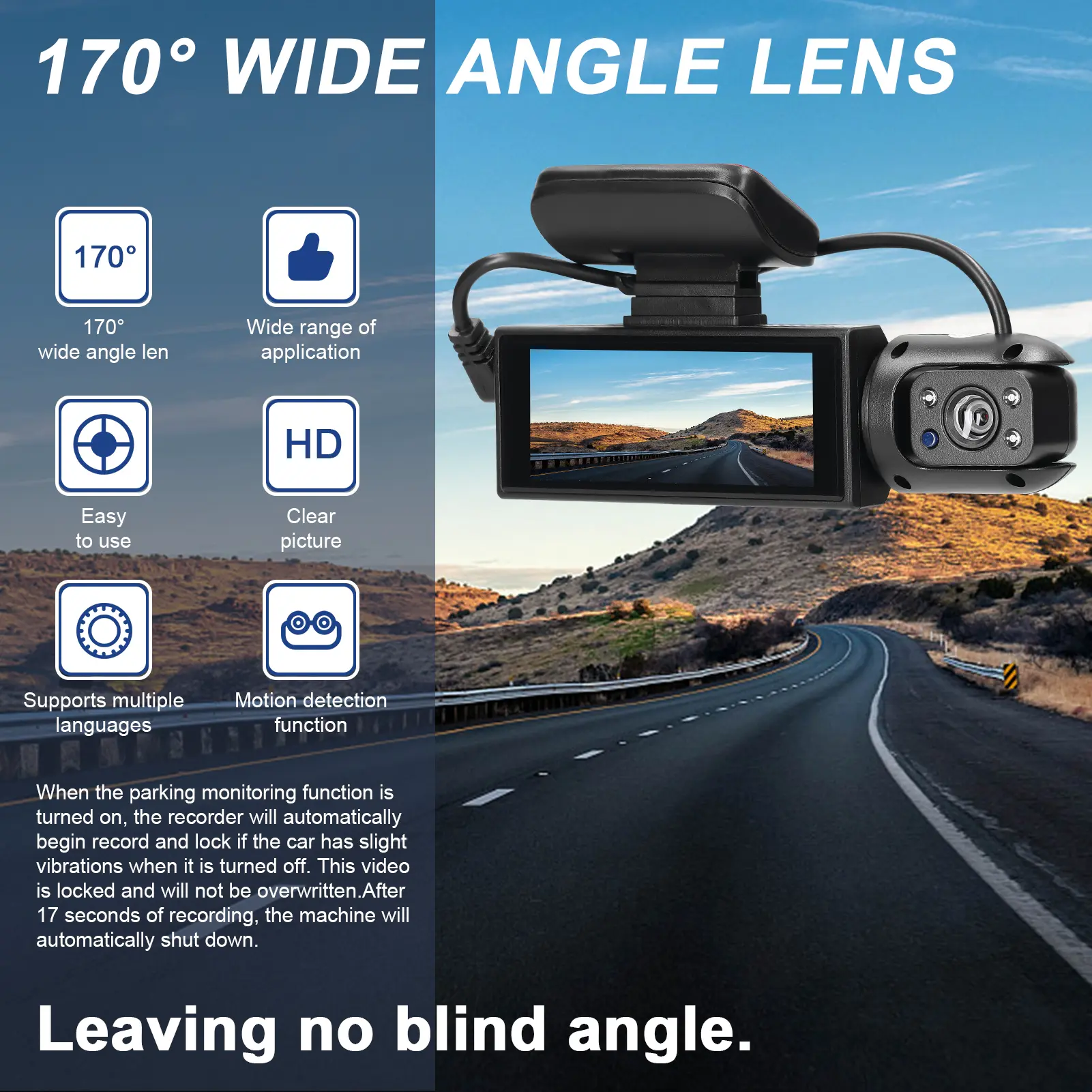 Multi-language Dual Lens Car Video Recorder Auto Dash Cam Car Camera Recorder Night Viewing Motion Detection DVR 170 Degree