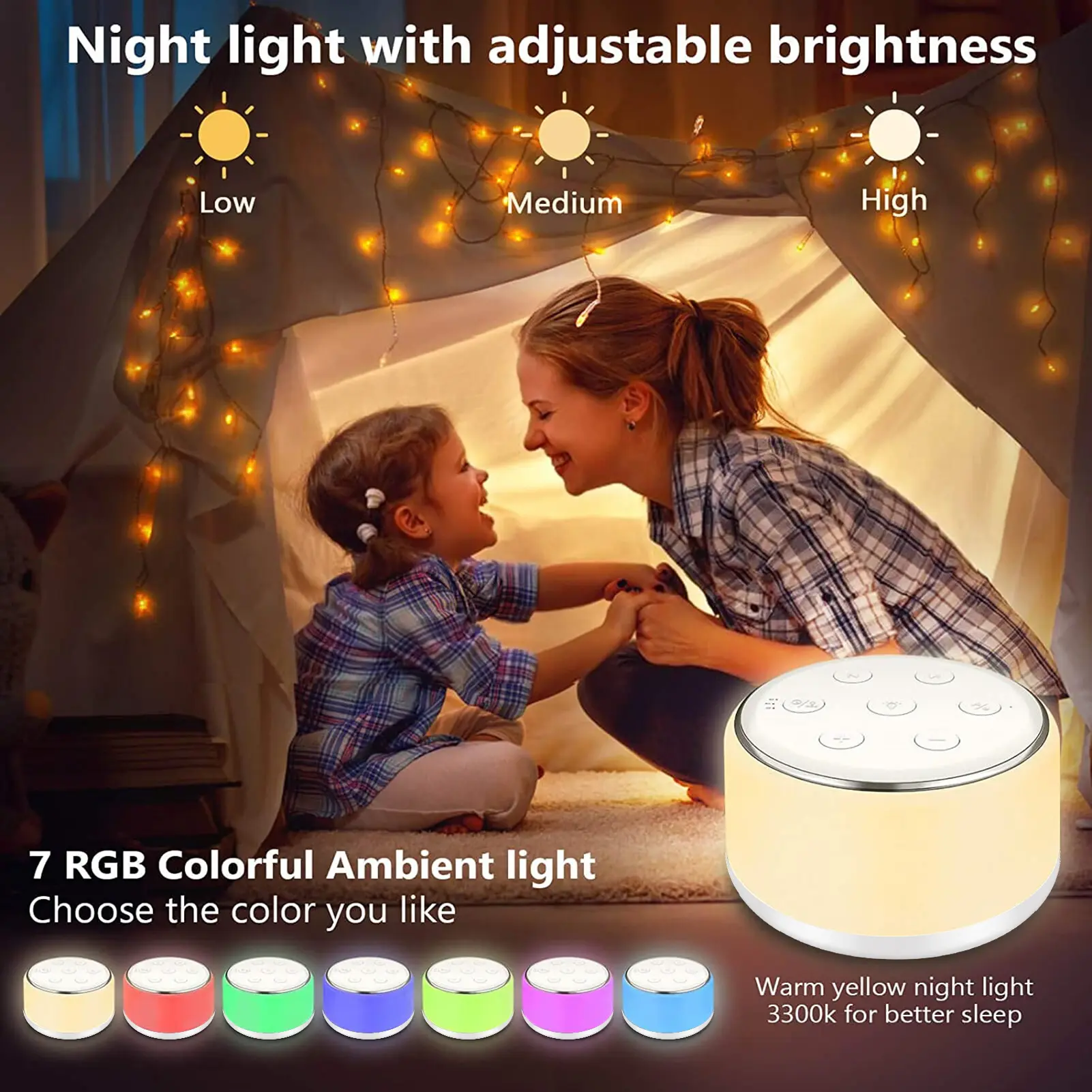Desktop White Noise Machine Sleep Sound Machine for Baby Sleep Soother 7 Colors Night Lights 34 Soothing Sounds 30min/60min/90m