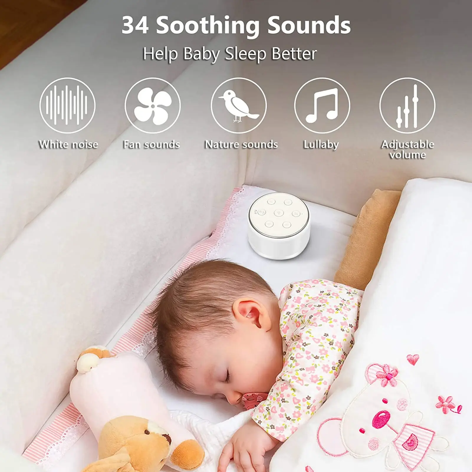 Desktop White Noise Machine Sleep Sound Machine for Baby Sleep Soother 7 Colors Night Lights 34 Soothing Sounds 30min/60min/90m