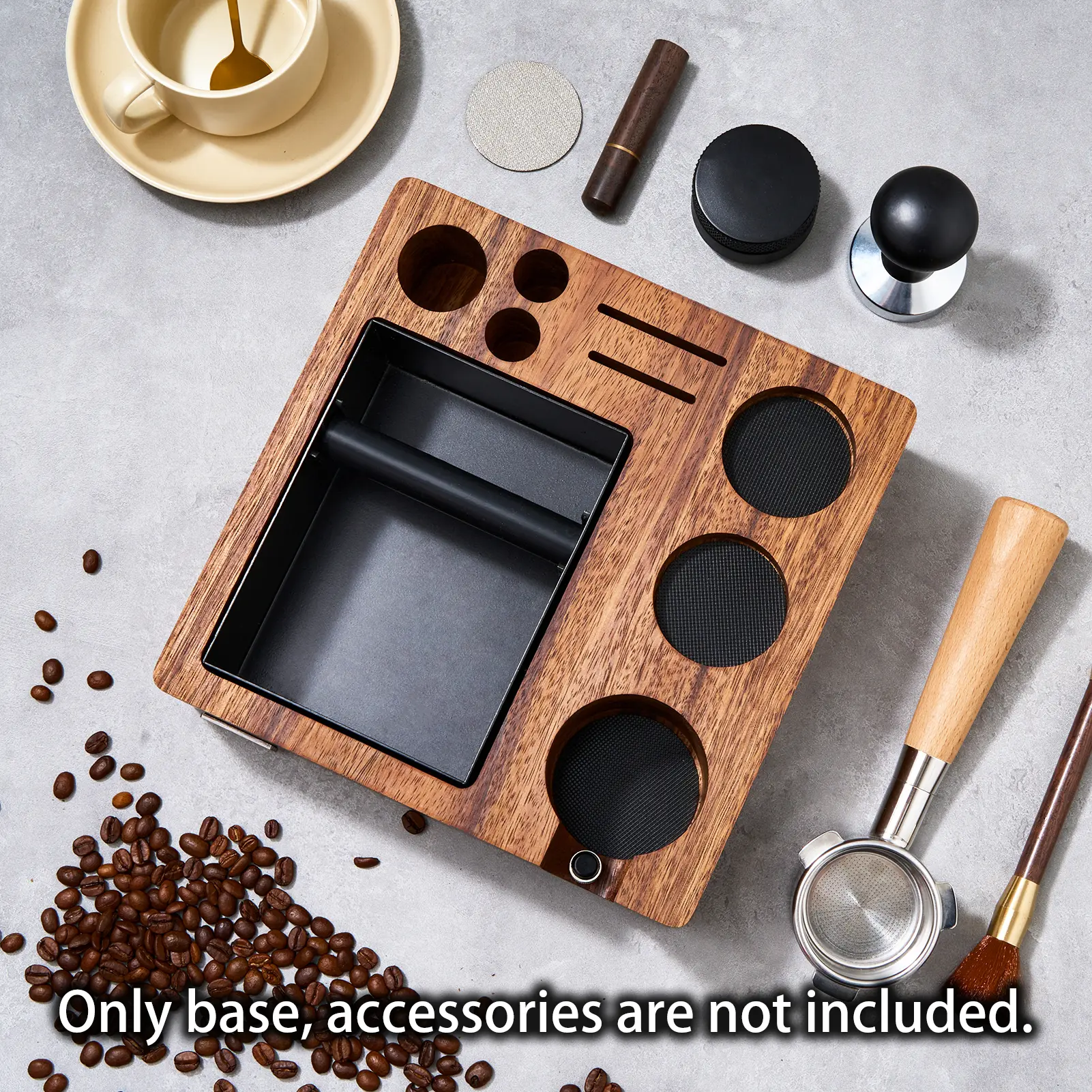 TREELF 3 IN 1 Espresso Knock Box and Tamping Station 51/54MM Espresso Coffee Anti-pressure Pad Stand Walnut Wooden Coffee Tool