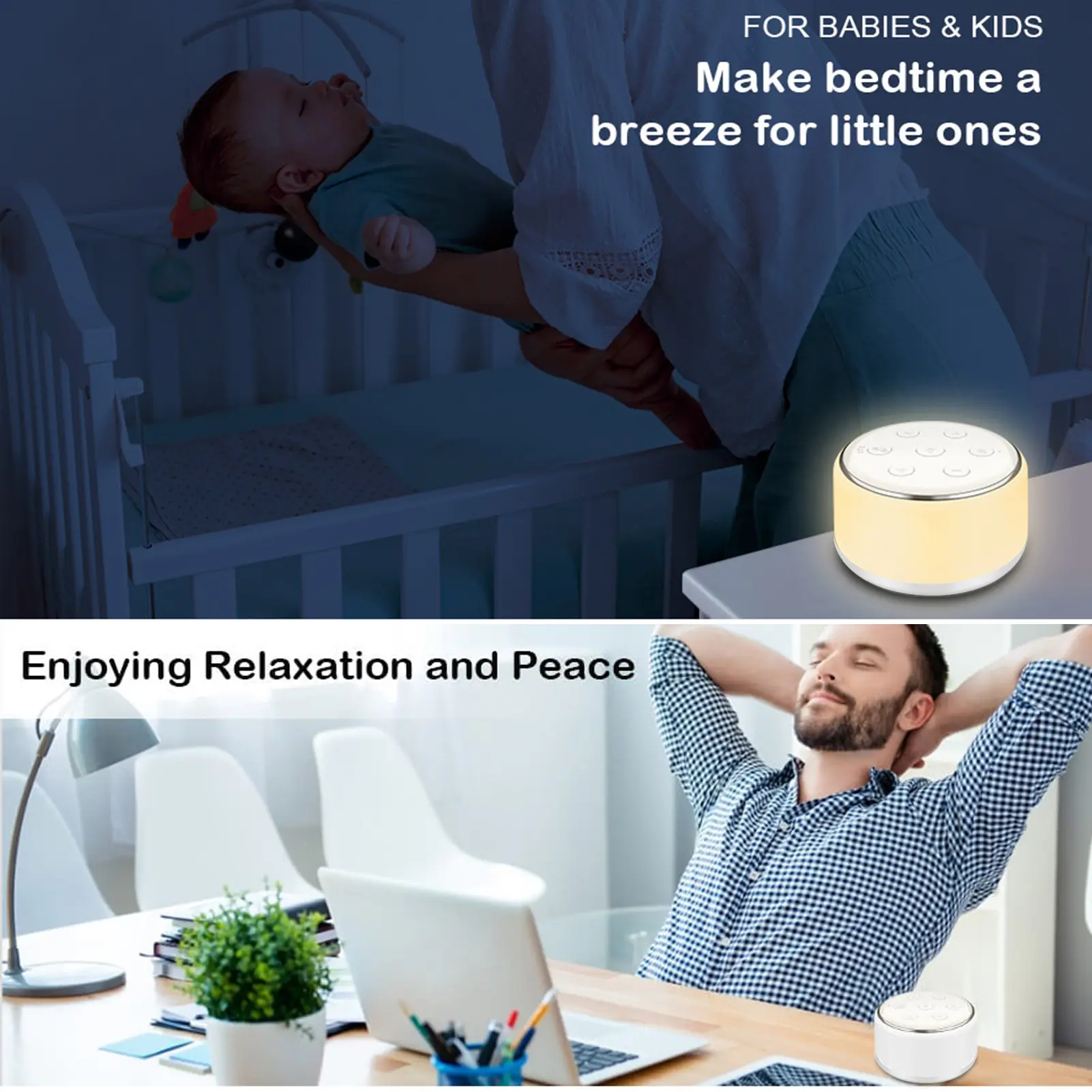 Desktop White Noise Machine Sleep Sound Machine for Baby Sleep Soother 7 Colors Night Lights 34 Soothing Sounds 30min/60min/90m