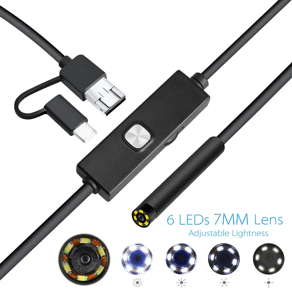 7mm lens Android Endoscope Camera Adjustable 6 LEDs IP67 Waterproof 1m 2m 5m Micro Inspection Video Camera Snake Borescope Tube