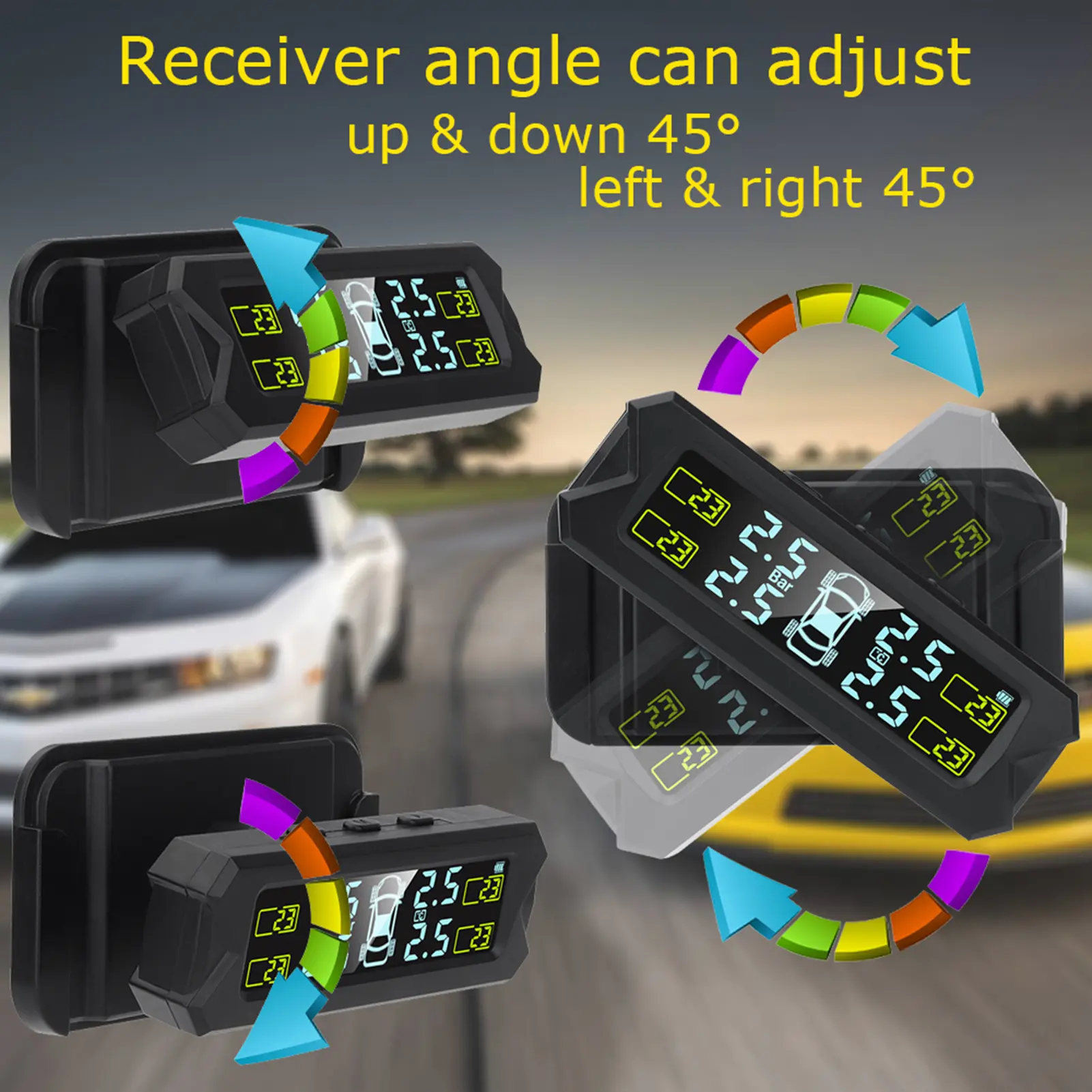 Tire Pressure Monitoring System,Wireless Solar Power TPMS with 5 Alarm Modes,Auto Backlight LCD Display,4 Sensors 0-67 PSI