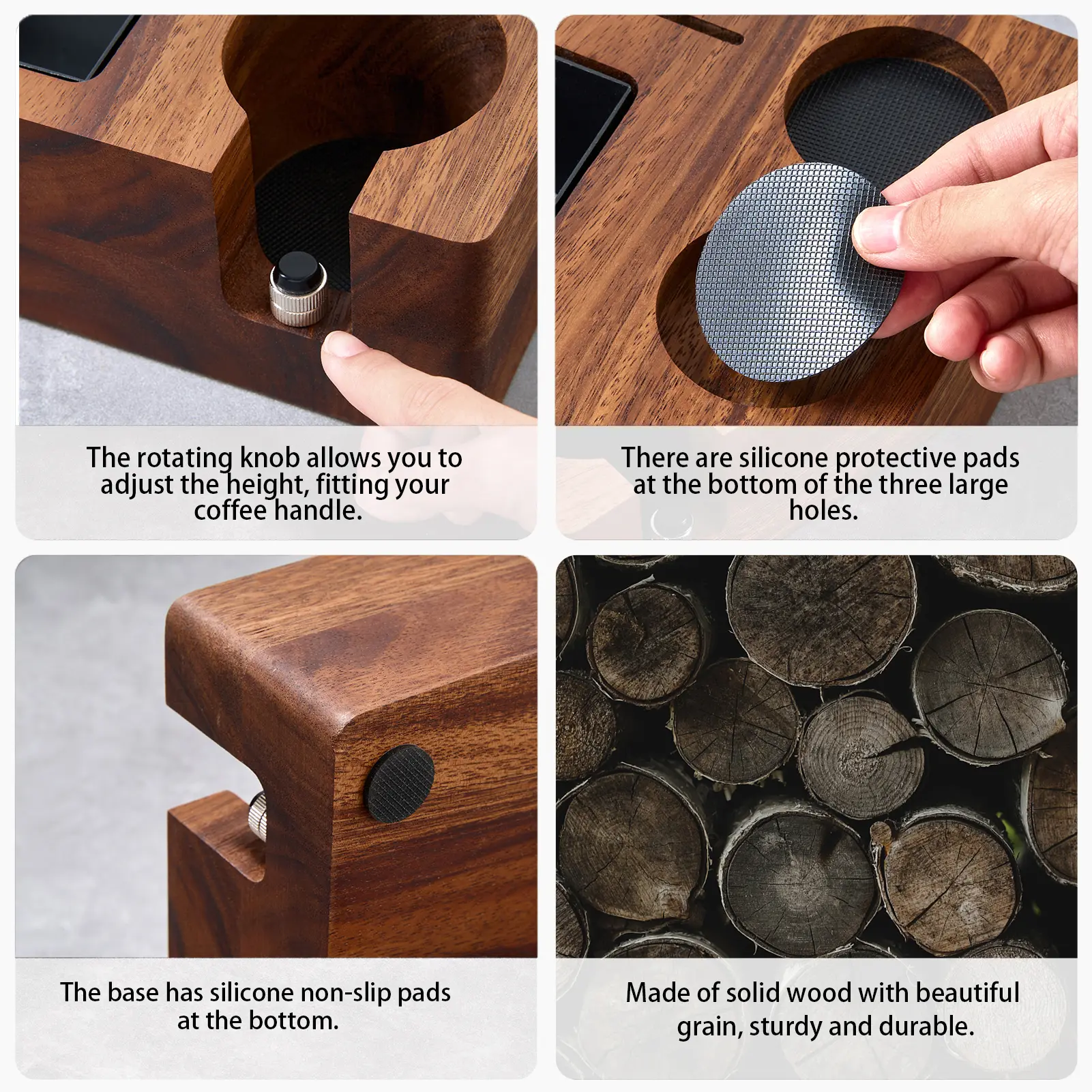 TREELF 3 IN 1 Espresso Knock Box and Tamping Station 51/54MM Espresso Coffee Anti-pressure Pad Stand Walnut Wooden Coffee Tool
