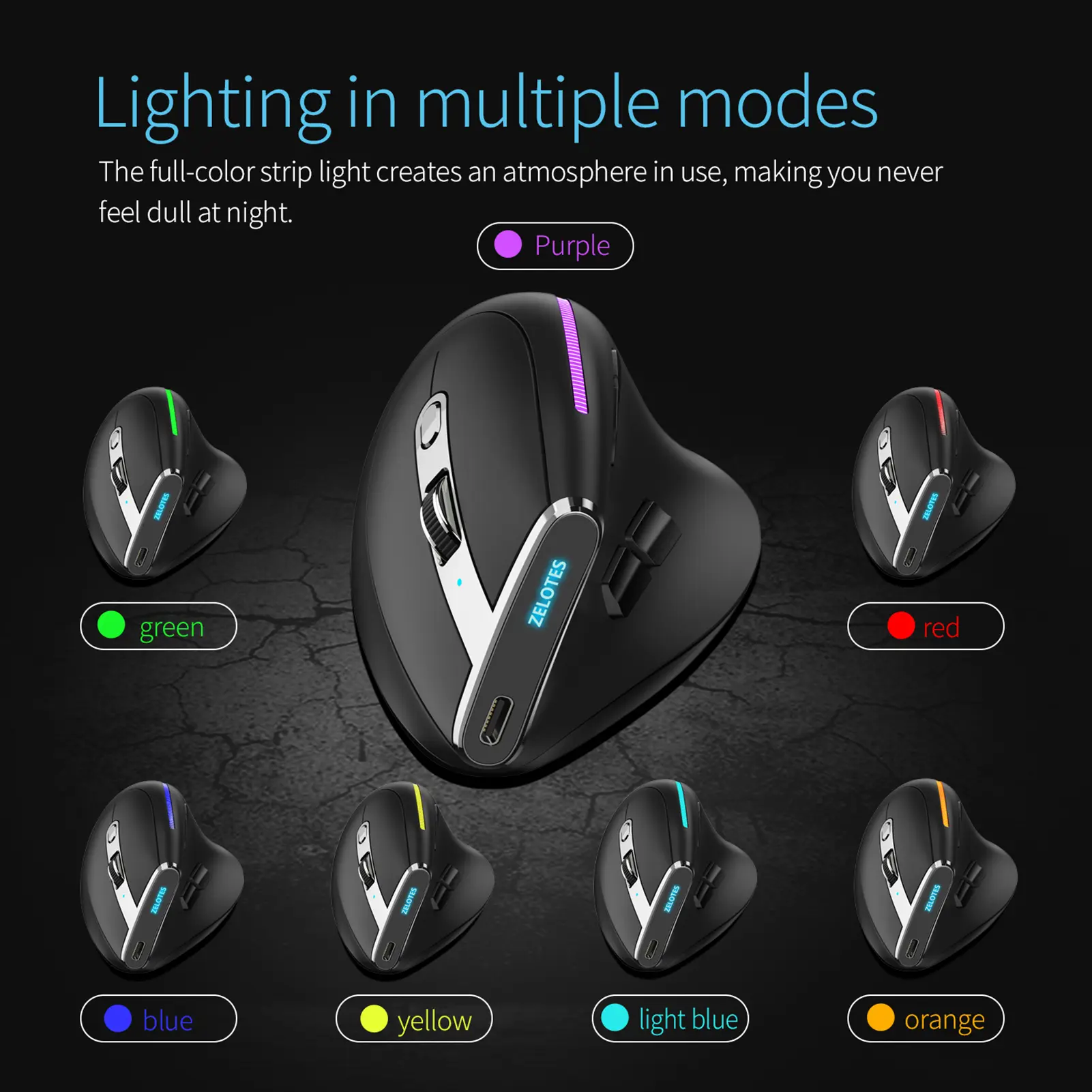 ZELOTES F-36 Wireless vertical 2.4G Bluetooth mouse full color light 8 key programming five DPI game mouse built-in 730mah lithi
