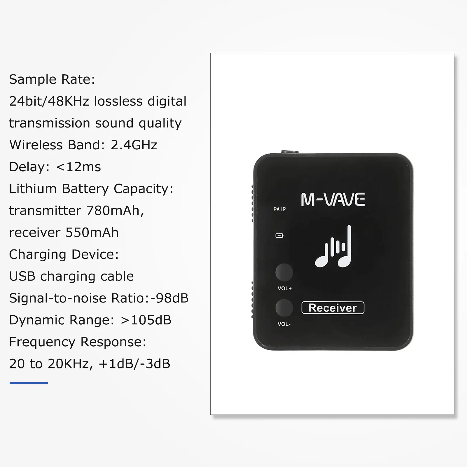 M-VAVE WP-10 2.4GHz Wireless Ear Back Receiver Rechargeable Receiver of Wireless Earphone Monitor Transmission System