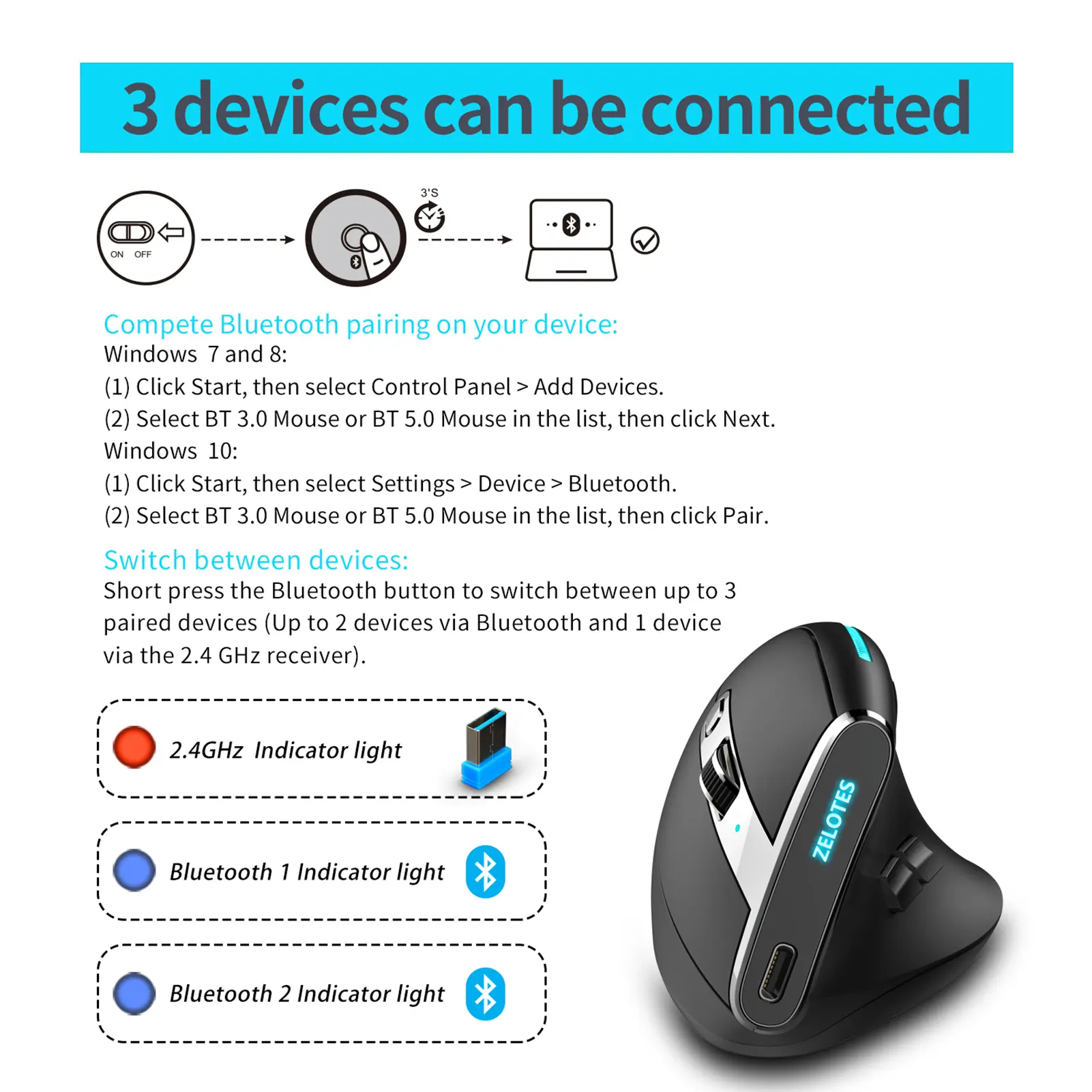 ZELOTES F-36 Wireless vertical 2.4G Bluetooth mouse full color light 8 key programming five DPI game mouse built-in 730mah lithi
