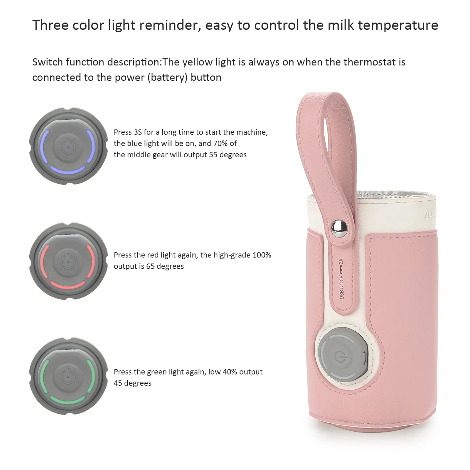 Portable Baby Bottle Warmer 3 Levels Constant Temperature Warming for Breastfeeding Night Feeding Daily Use Travel