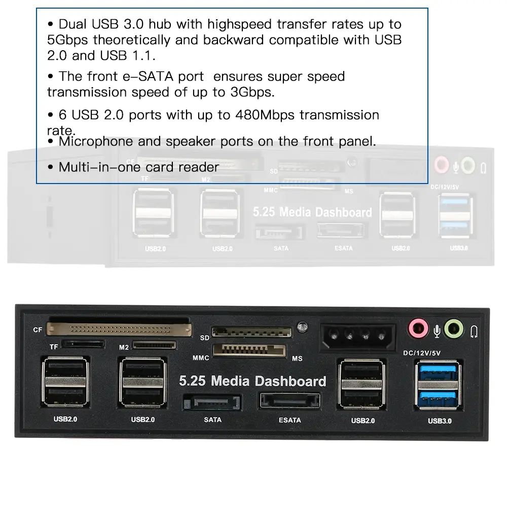 Multi-Function USB 3.0 Hub eSATA SATA Port Internal Card Reader PC Dashboard Media Front Panel Audio for SD MS CF TF M2 MMC Memo