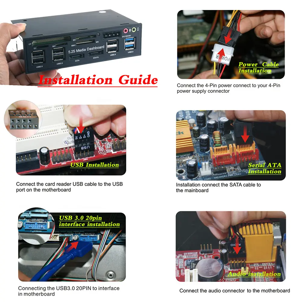 Multi-Function USB 3.0 Hub eSATA SATA Port Internal Card Reader PC Dashboard Media Front Panel Audio for SD MS CF TF M2 MMC Memo