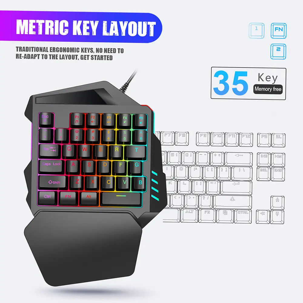 HXSJ J50 One-Handed Gaming Keyboard 35 Keys LED Backlight + Wired Gaming Mouse with Breathing Light 5500 DPI 7 Button Keyboard