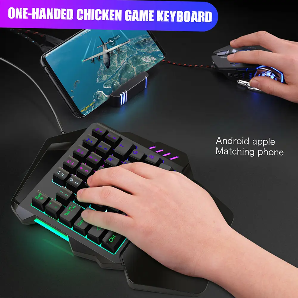 HXSJ J50 One-Handed Gaming Keyboard 35 Keys LED Backlight + Wired Gaming Mouse with Breathing Light 5500 DPI 7 Button Keyboard