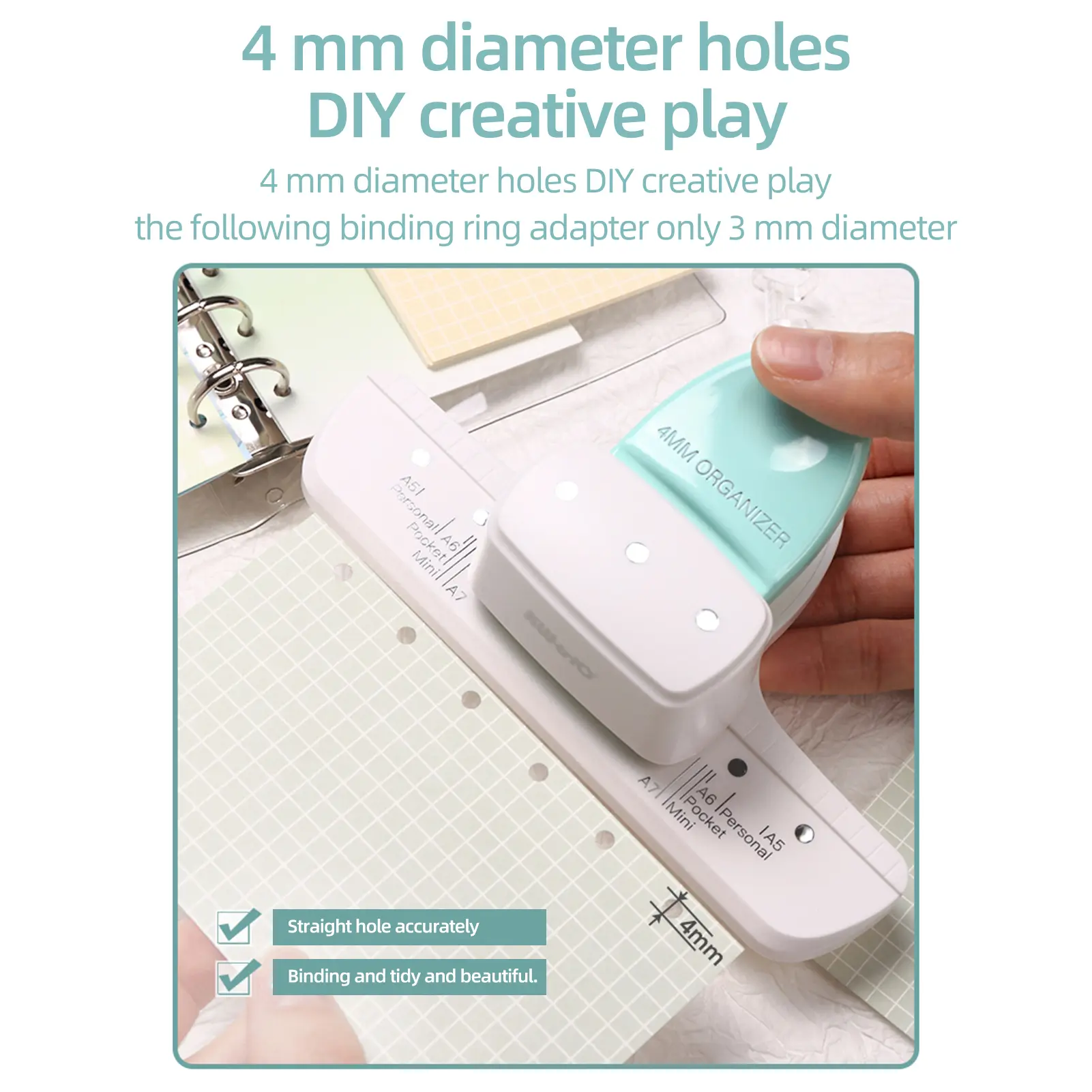 Loose Leaf Hole Punch Daily Planner Adjustable 3 Hole Paper Puncher for A5 A6 A7 Size 8 Sheet Capacity Notebooks Scrapbooking