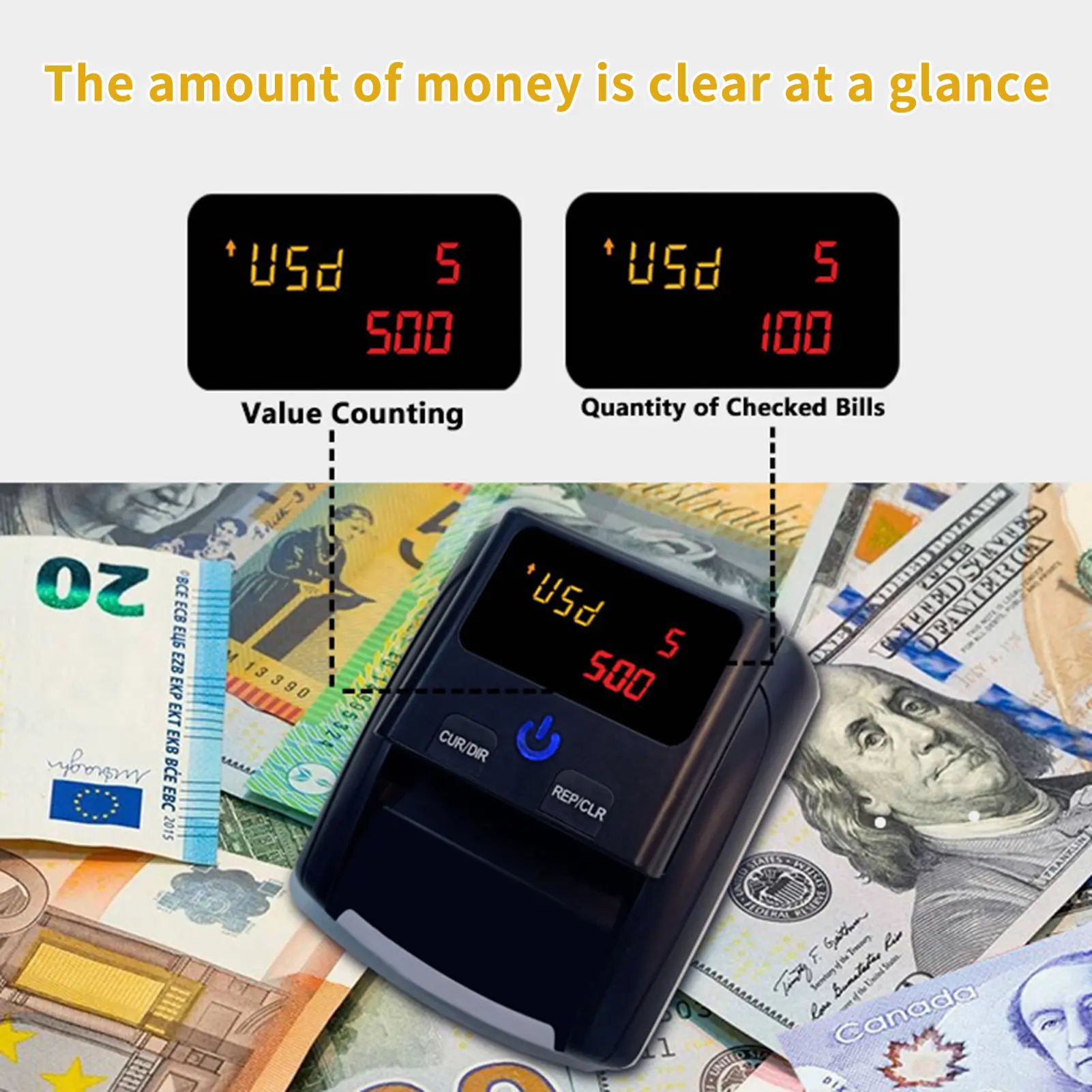Money Counter Counterfeit Bill Detector Automatic Money Detection By UV MG IR Image Paper Size Thickness for EURO US Dollar