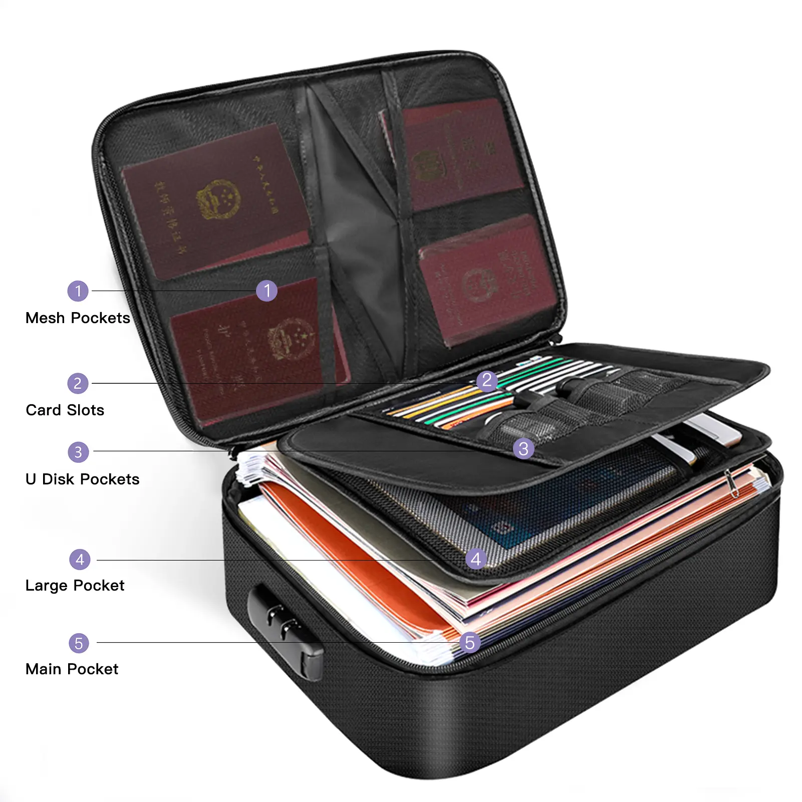 Fireproof Document Bag with Lock Zipper Closure Fire & Water Resistant Money Bag Storage Pouch Organizer Case Safe Bag