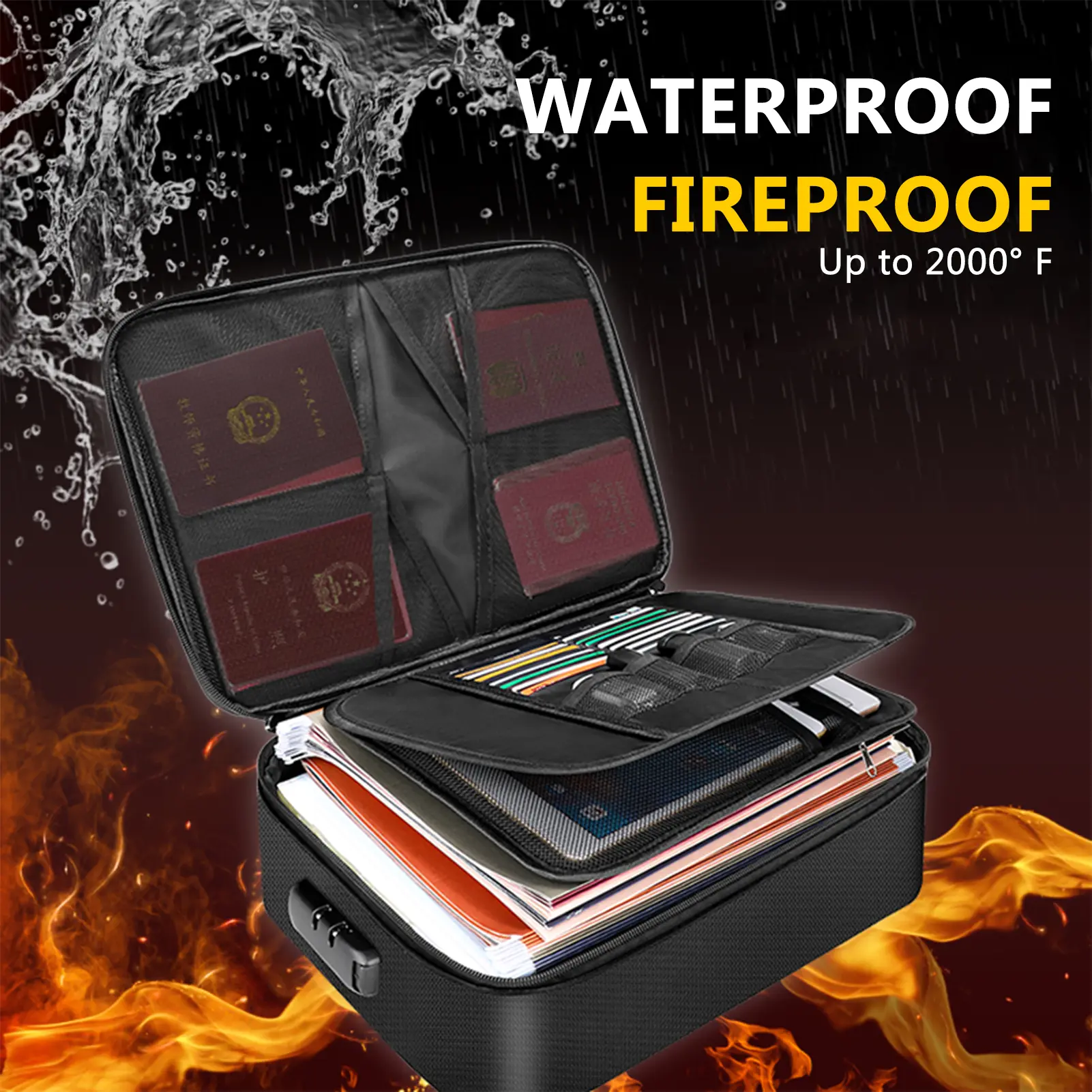 Fireproof Document Bag with Lock Zipper Closure Fire & Water Resistant Money Bag Storage Pouch Organizer Case Safe Bag