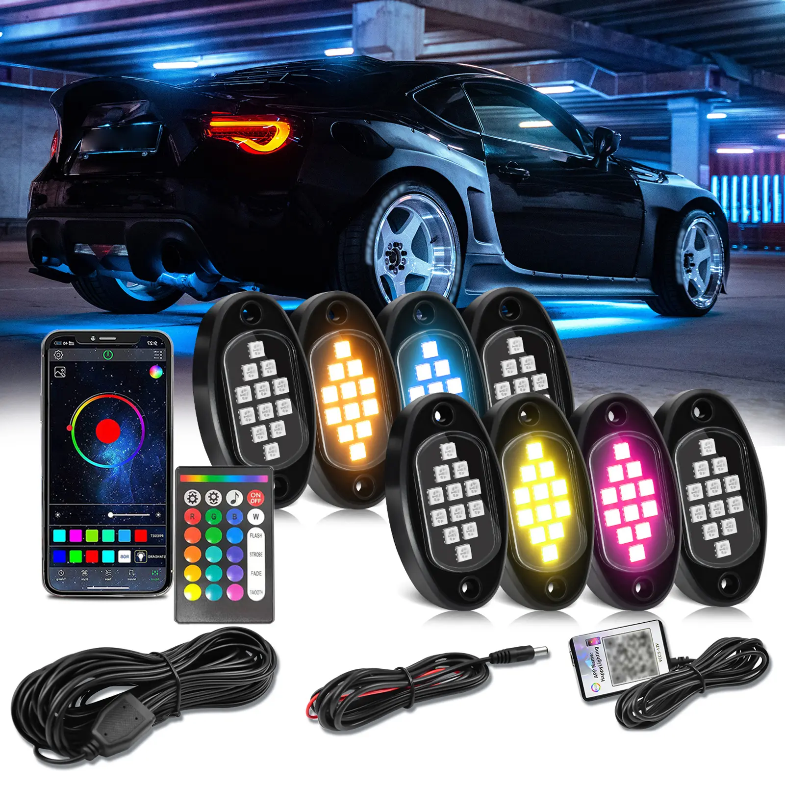 RGB Car Underglow Lights, Multicolor LED Underbody Rock Light Kit, 8 Pods Accent Lighting with Phone App, Remote Control, 16 Mil