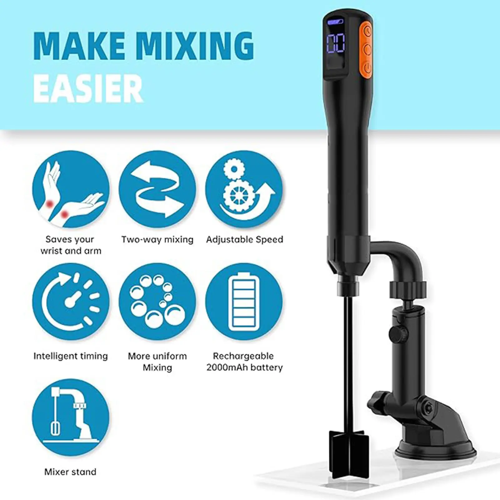 Resin Electric Stirrer Wireless Resin Mixer with 4 Paddles Stand &amp Timer Function for Silicone Paint Soap Making DIY Crafts