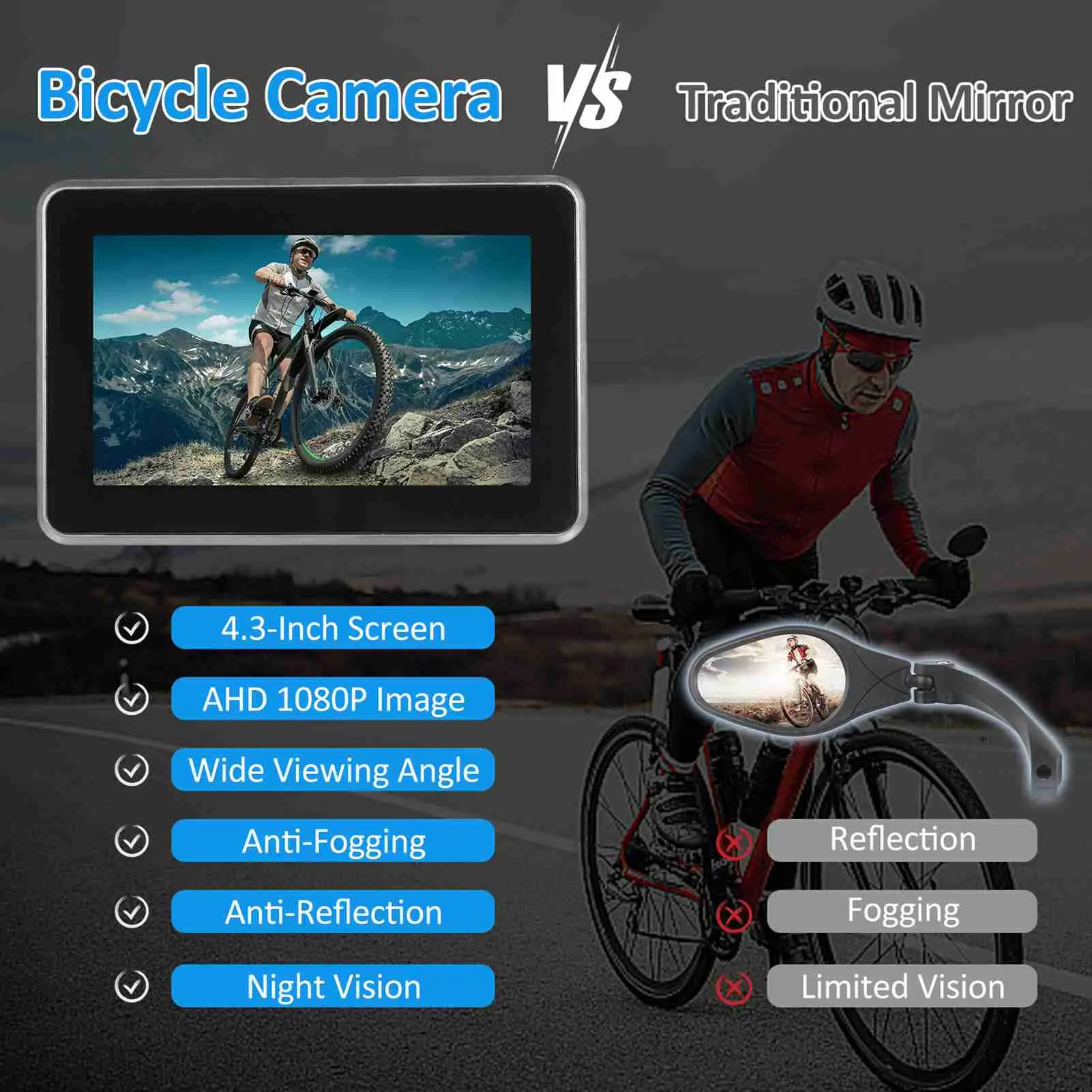 Bike Rear View Camera 1080P 4.3in HD Display Screen Rear View Camera for Mountain Bike Electric Bike Rear View Mirror Camera