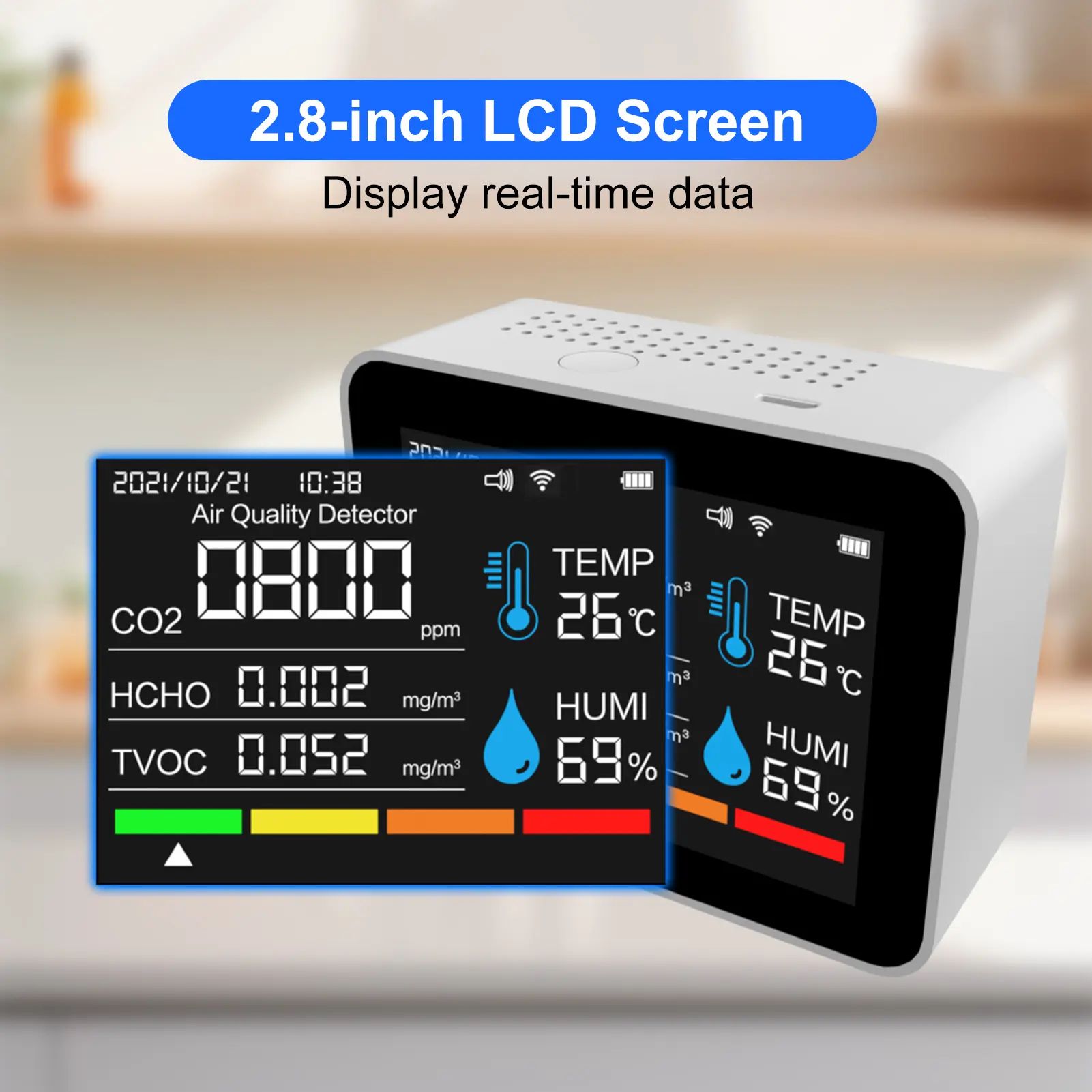 Indoor Air Quality Monitor 12 Functions WiFi Thermometer Hygrometer WiFi for Tuya Smart App with 2.8" Color Display Support Alar