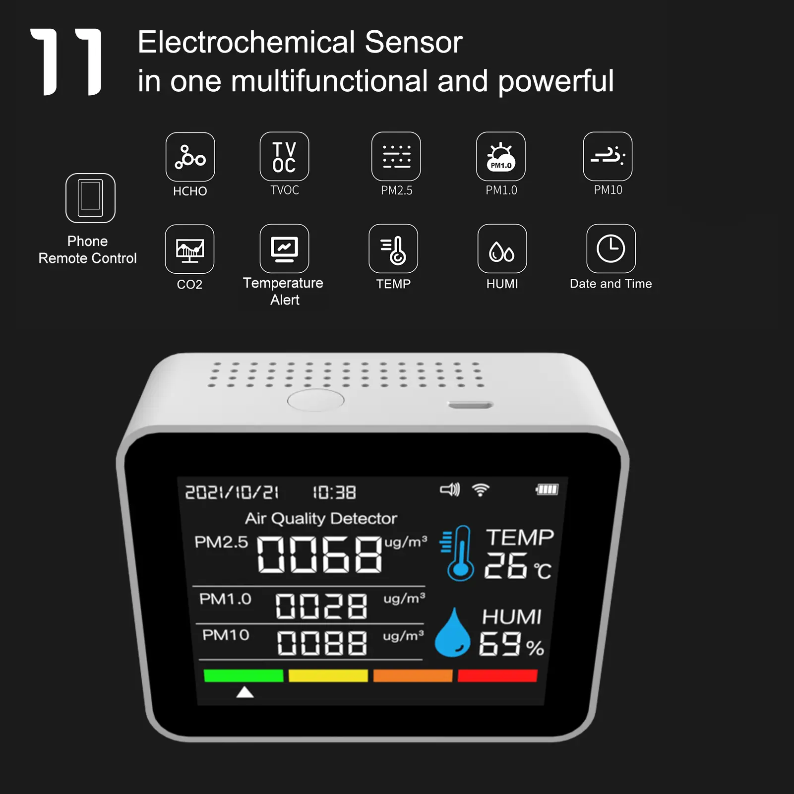 Indoor Air Quality Monitor 12 Functions WiFi Thermometer Hygrometer WiFi for Tuya Smart App with 2.8" Color Display Support Alar