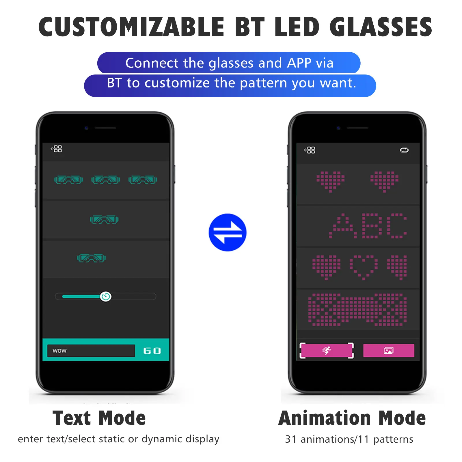 BT LED Glasses Customizable Colorful Light Glow Glasses DIY Messages Glow Toys for Halloween Party Rave Music Festival