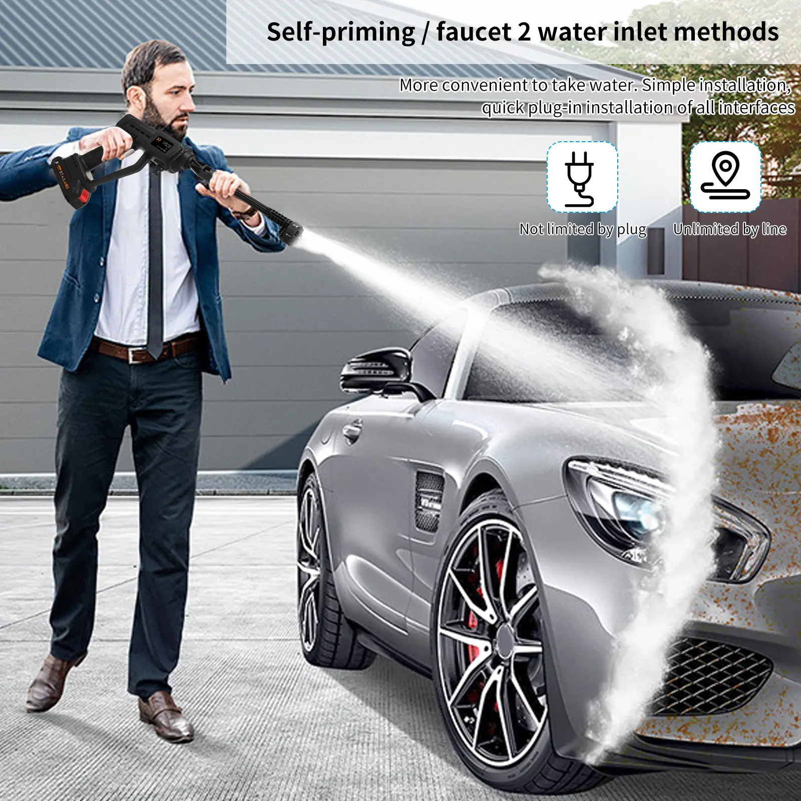Handheld Pressure Washer Portable Powerful 21V Car Wash Gun2pcs Rechargeable Battery 6in1 Multiple Injection Modes Toolbox Packa
