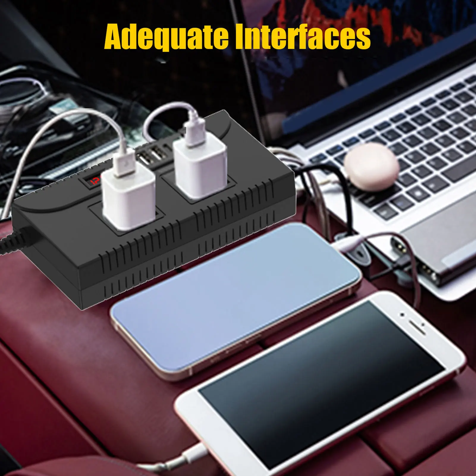 150W Car Power Inverter Efficient 4 USB Ports Vehicle Adapter Plug Outlet Stable 1 Type C Port Safe ABS for Outdoor Activities
