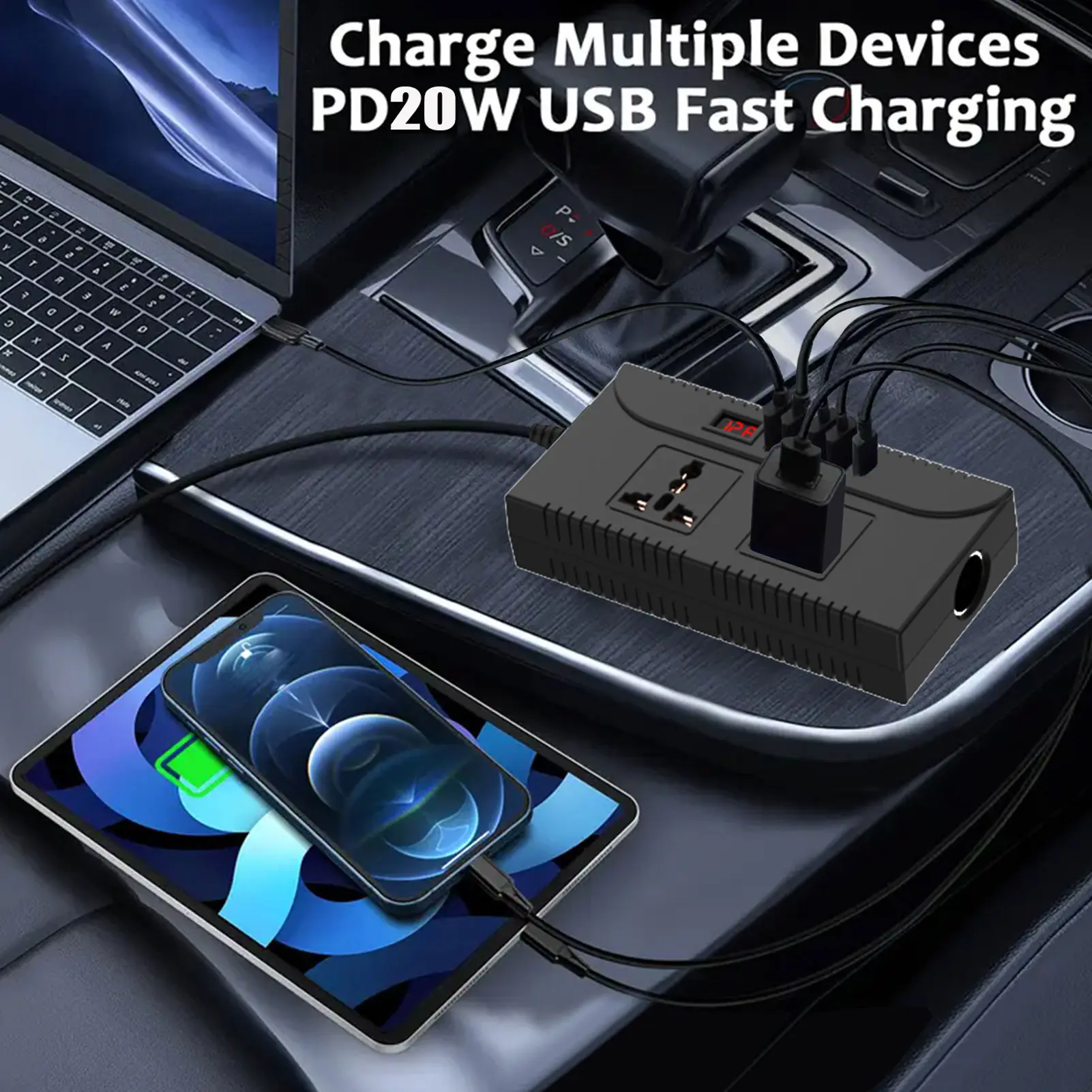 150W Car Power Inverter Efficient 4 USB Ports Vehicle Adapter Plug Outlet Stable 1 Type C Port Safe ABS for Outdoor Activities