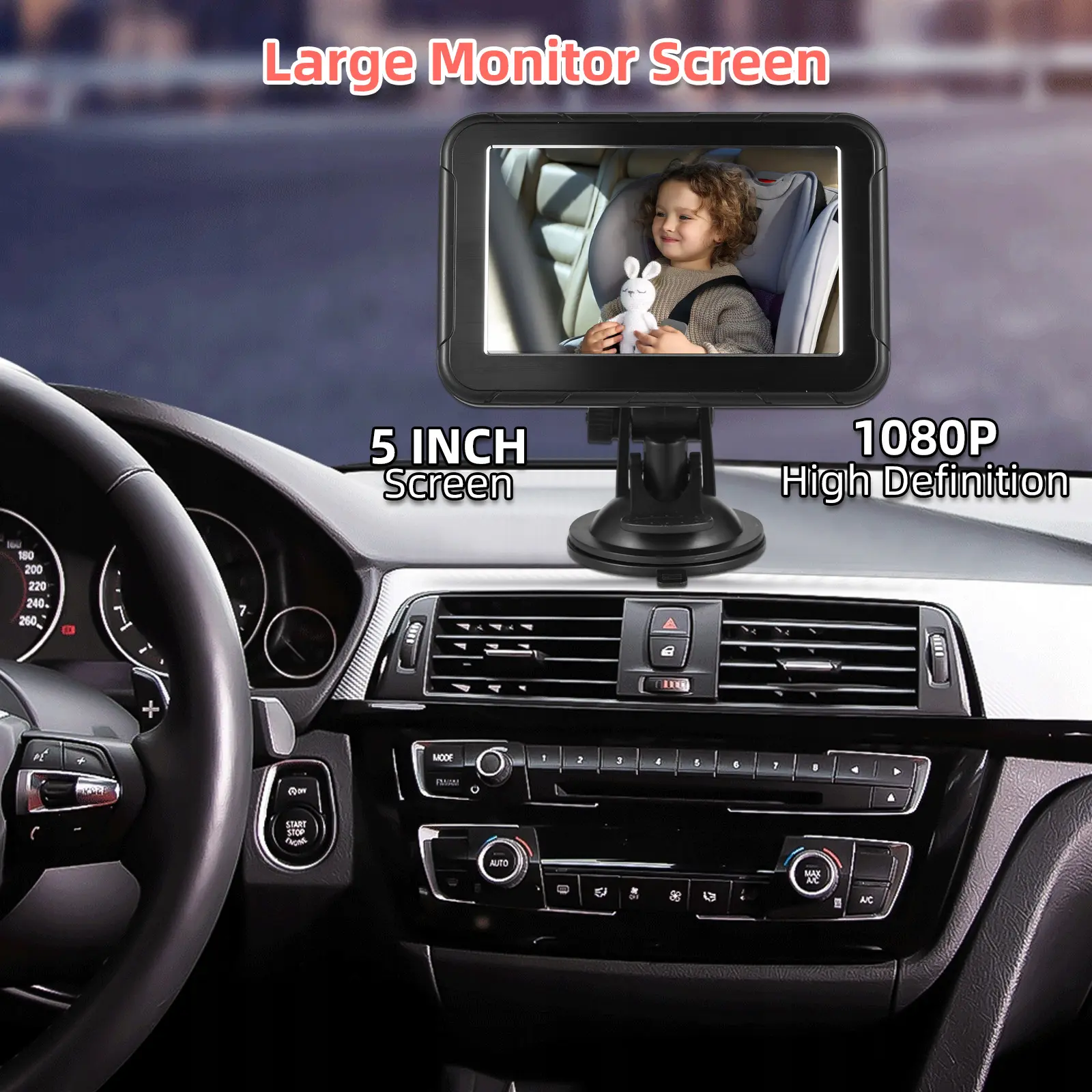 1080P Baby Car Camera Baby Car Monitor Backseat Camera 5-inch Mirror Display 360°Rotation 150°Wide Angle Support Night Vision