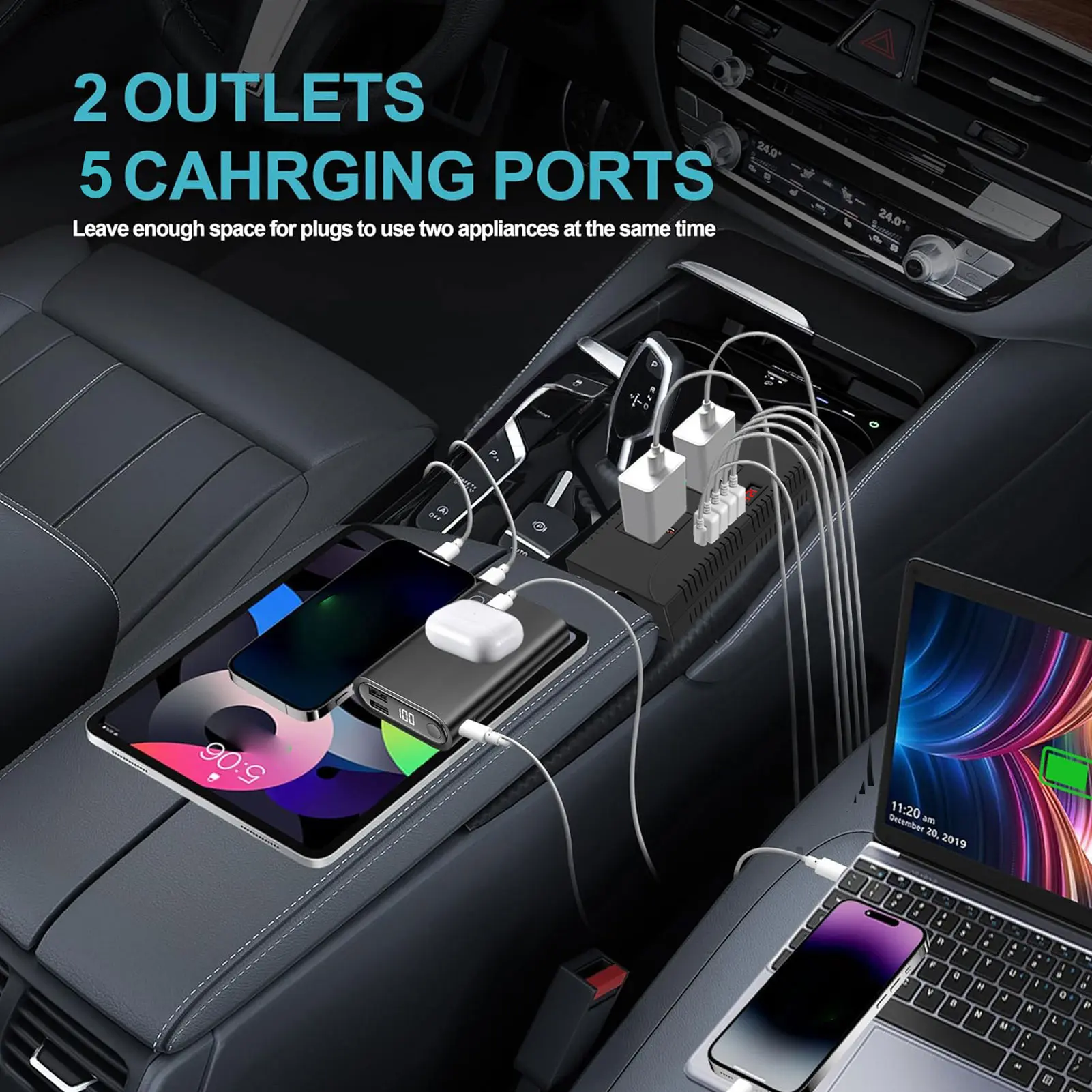 150W Car Power Inverter Efficient 4 USB Ports Vehicle Adapter Plug Outlet Stable 1 Type C Port Safe ABS for Outdoor Activities