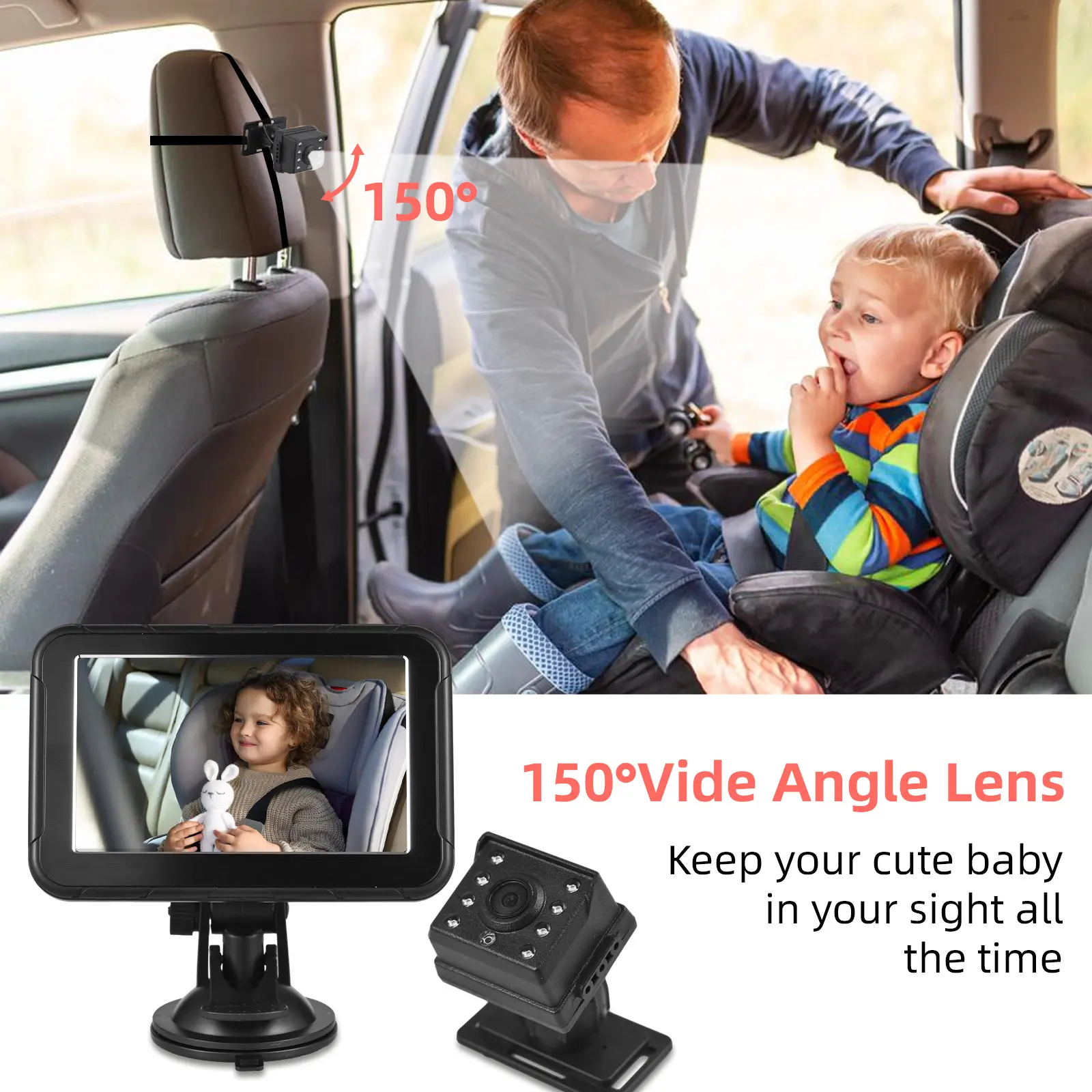 1080P Baby Car Camera Baby Car Monitor Backseat Camera 5-inch Mirror Display 360°Rotation 150°Wide Angle Support Night Vision