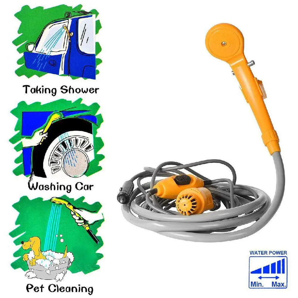 Portable Car Shower Washing Tool 12V - Pumps Water from Bucket Into Steady, Gentle Shower Stream for Camping Traveling Beach