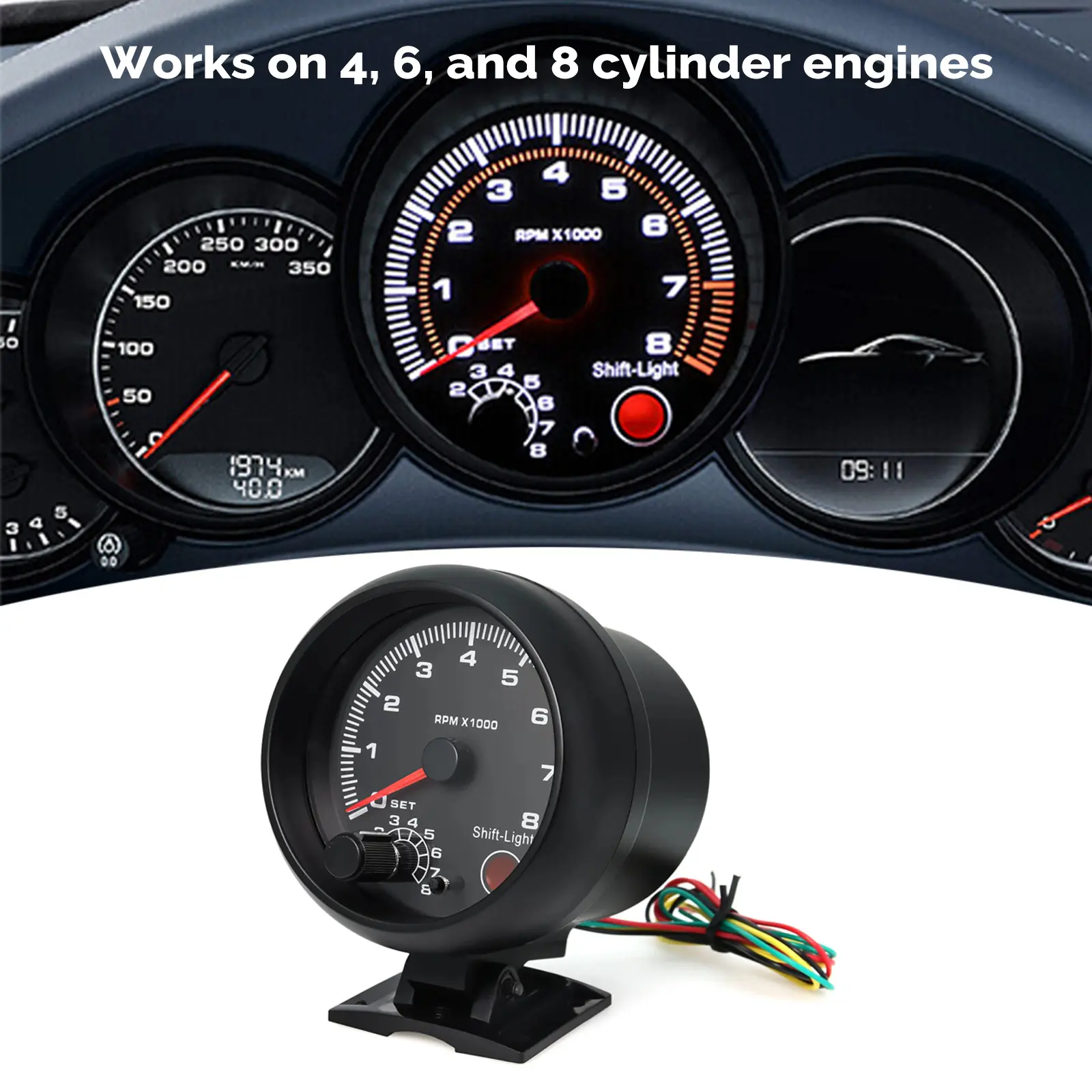 1 2 3 4 5 6 7 8 cylinder tachometer 3.75'' Car  Black Tachometer Gauge Blue Inter Shift light 0-8000 RPM car tachometer