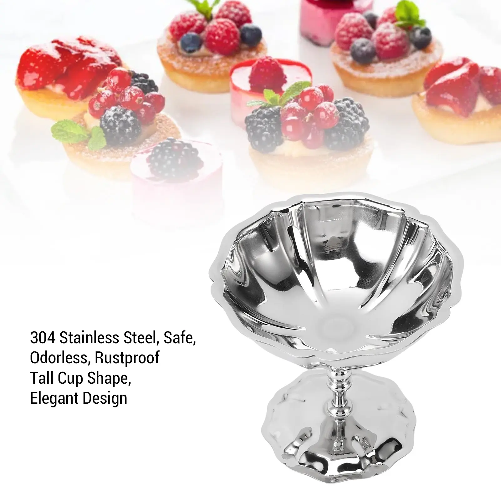 Dessert Dish Cup with Base 304 Stainless Steel Serving Bowl for Snacks Pudding Ice Cream Salad Fruit Yogurt Dessert Serving Cup