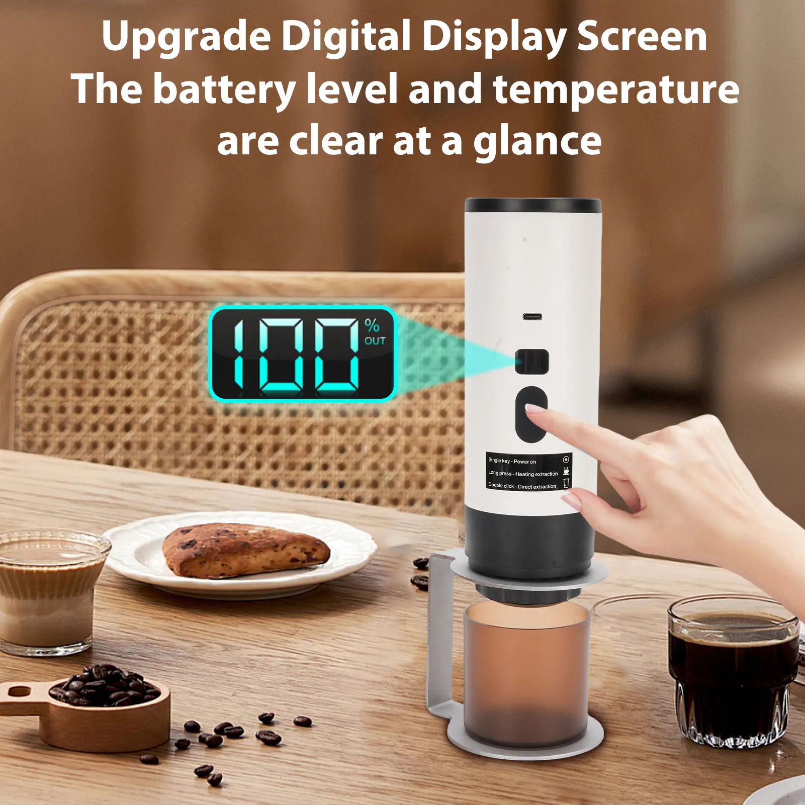 Portable Coffee Machine 15Bar High Pressure Wireless Portable Coffee Maker with Upgrade Display One-touch Brewing Long-lasting B