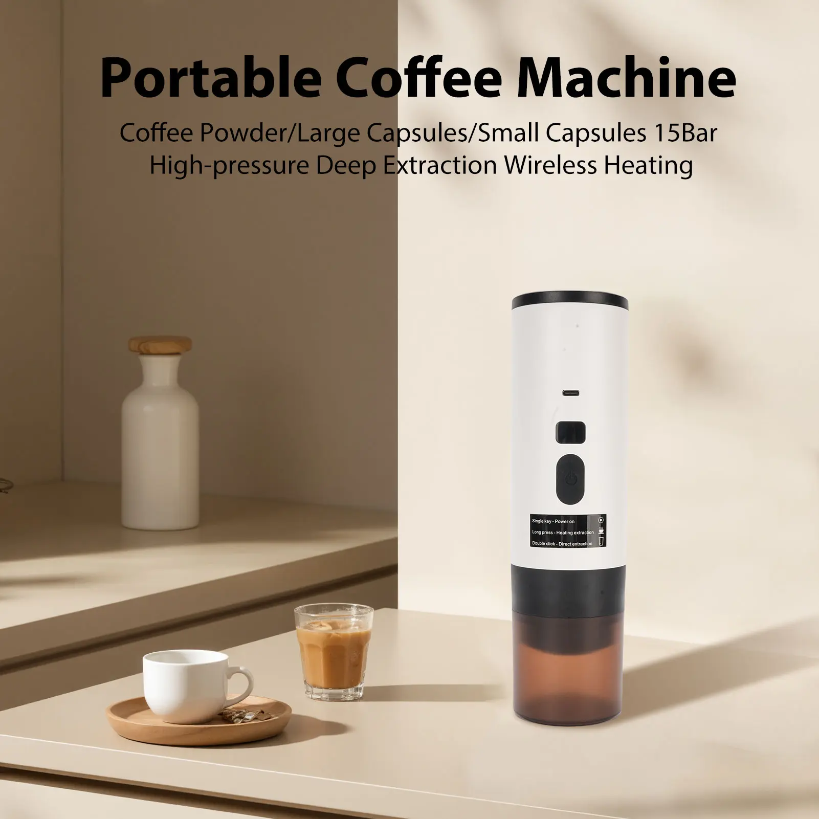 Portable Coffee Machine 15Bar High Pressure Wireless Portable Coffee Maker with Upgrade Display One-touch Brewing Long-lasting B