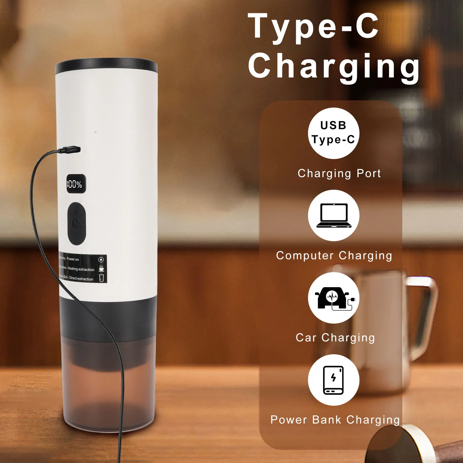 Portable Coffee Machine 15Bar High Pressure Wireless Portable Coffee Maker with Upgrade Display One-touch Brewing Long-lasting B