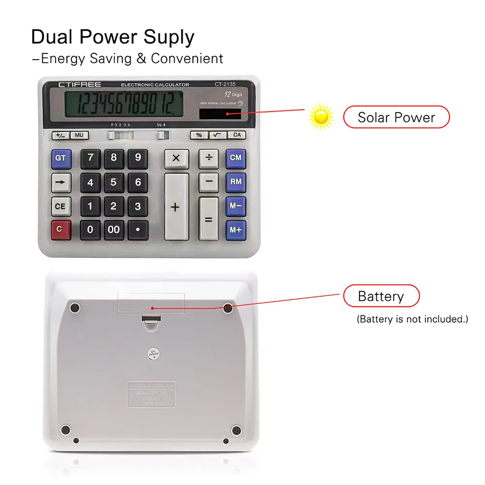 Computer Electronic Calculator Counter Solar & Battery Power 12 Digit Display Big Button Calculators for Business Office School