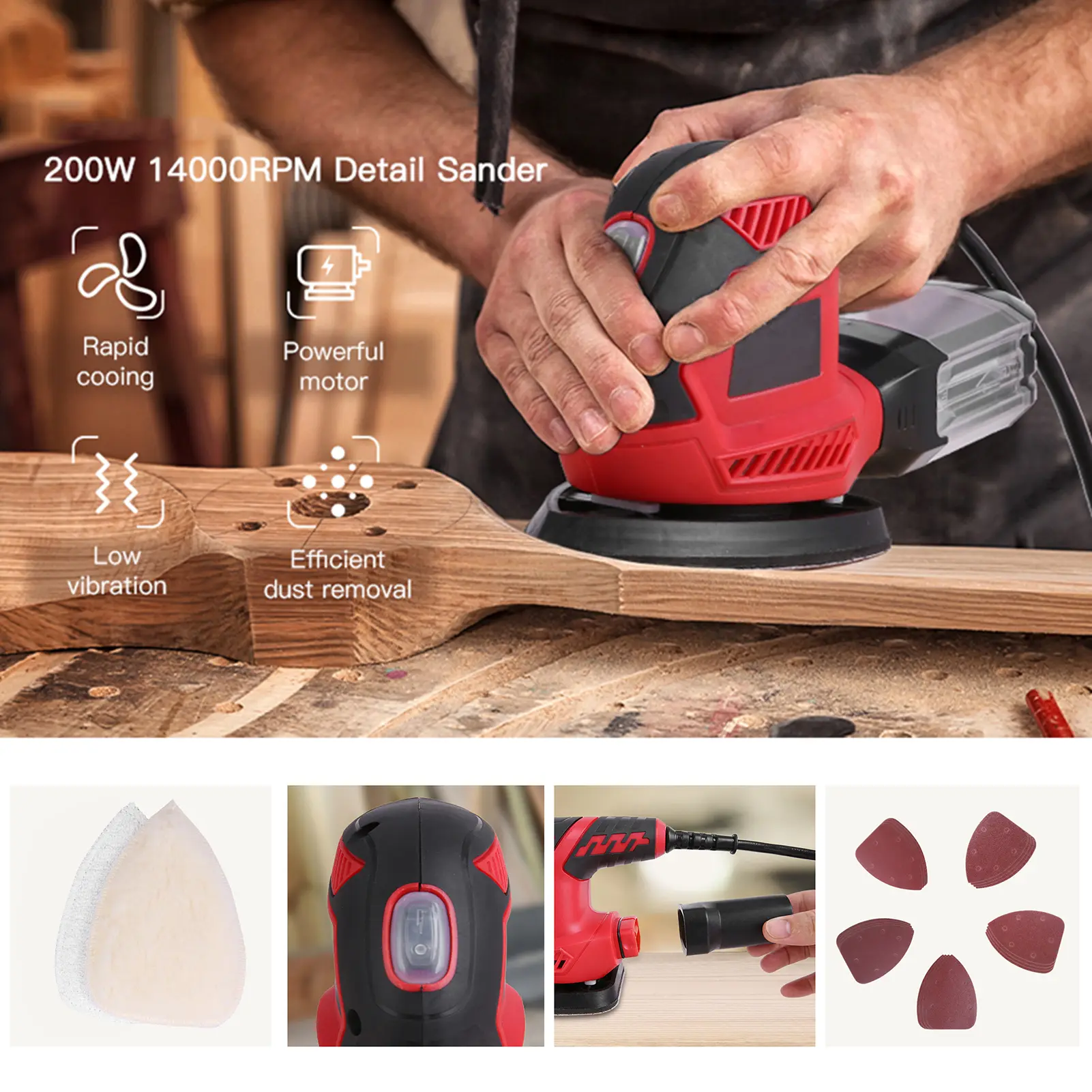Detail Sander 1.6A 200W 14000 OPM Compact Sander Efficient Dust Collection System with 2pcs Polishing Pads & 20pcs Sandpapers
